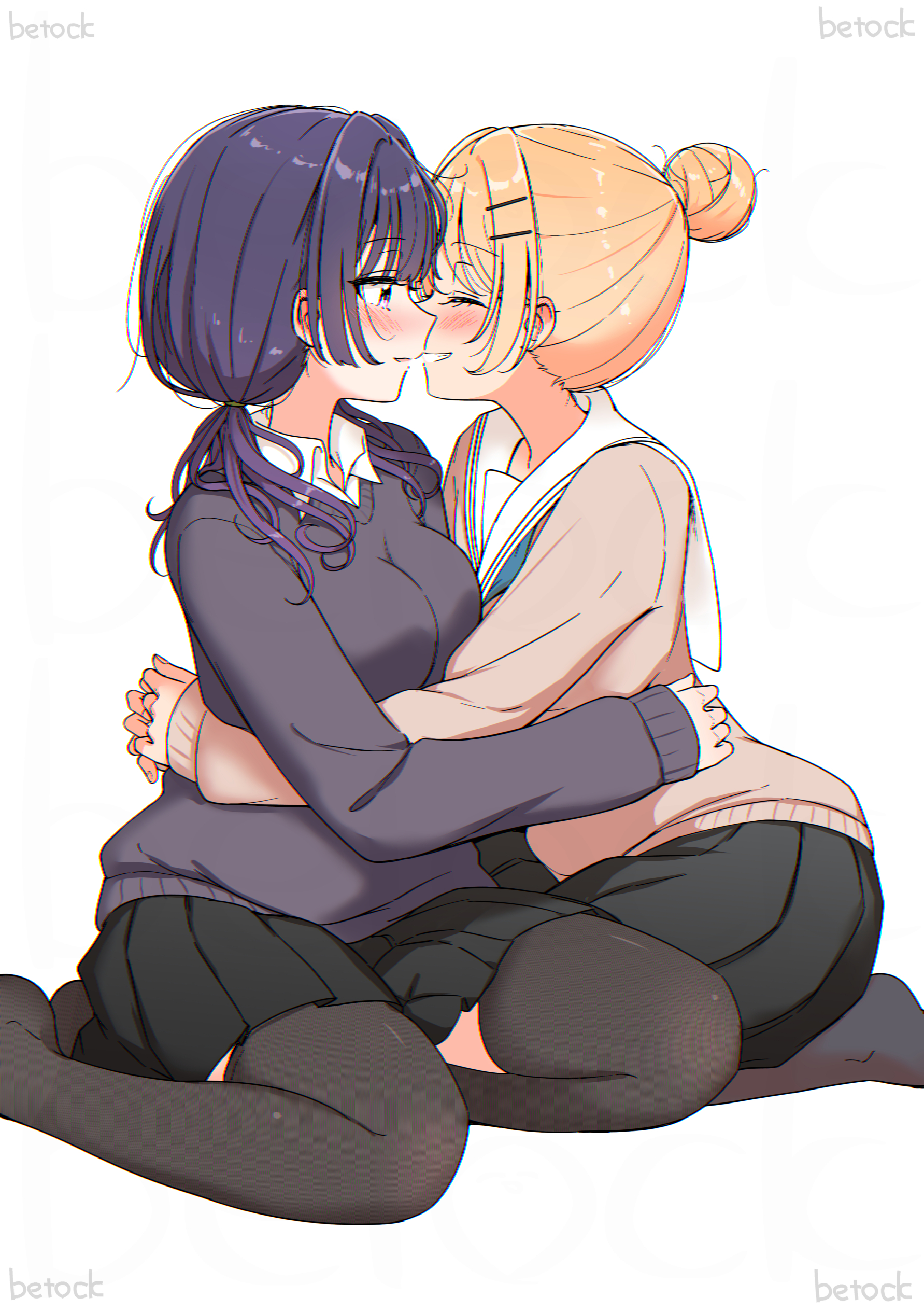 betock, original, absurdres, commentary request, highres, 2girls, arms around waist, artist name, black skirt, black sweater, black thighhighs, blonde hair, blush, closed eyes, collared shirt, couple, hair bun, hair ornament, hairclip, hug, imminent kiss, looking at another, multiple girls, parted lips, pink sweater, pleated skirt, purple hair, sailor collar, shirt, simple background, skirt, smile, sweater, thighhighs, twintails, white background, white sailor collar, white shirt, yuri