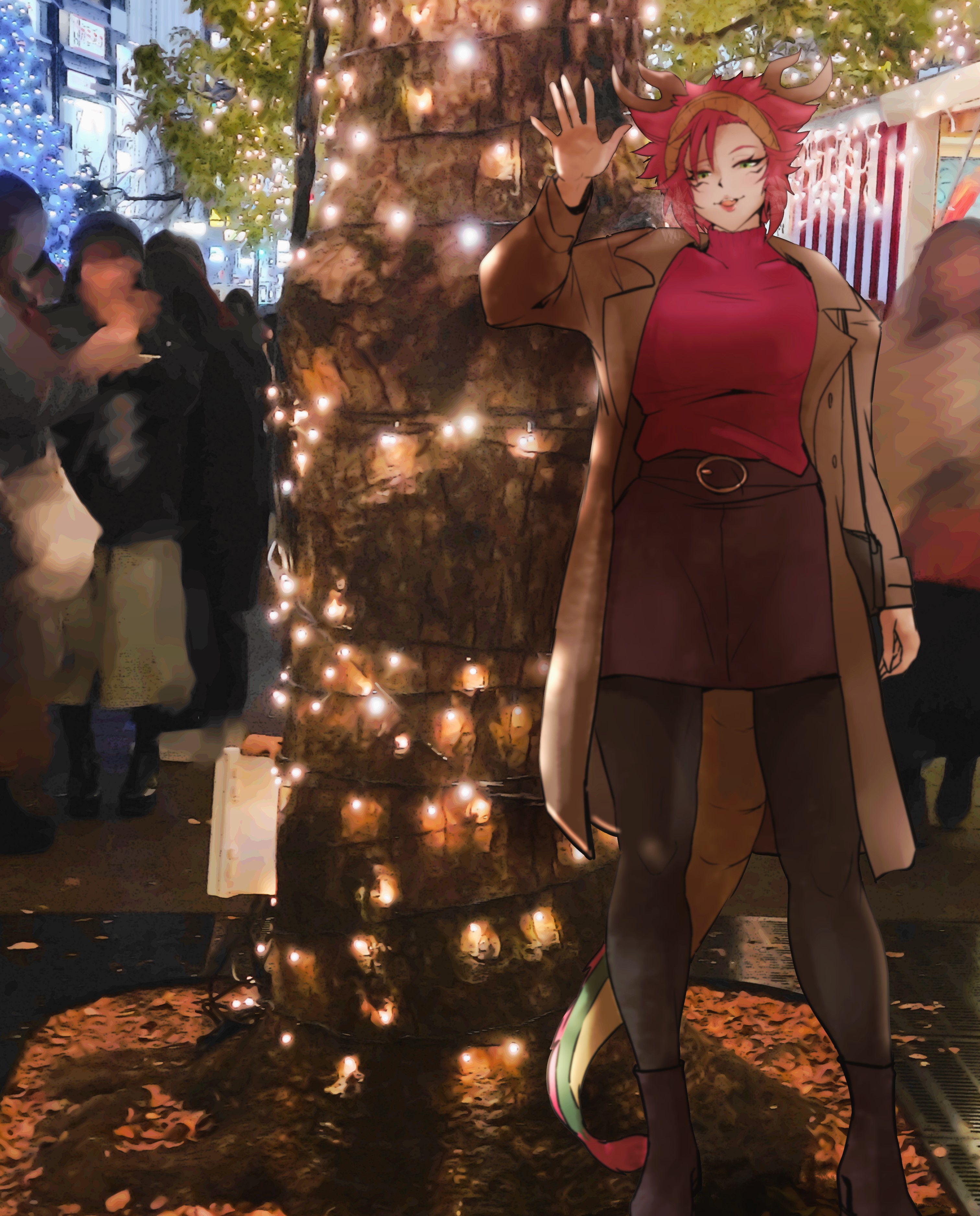 comic hand, yu-gi-oh!, absurdres, character request, highres, 1girl, black boots, black pantyhose, black skirt, boots, breasts, brown coat, censored, coat, duel monster, green hair, horns, large breasts, multicolored hair, pantyhose, photo background, red hair, skirt, solo focus, tail, tree, two-tone hair