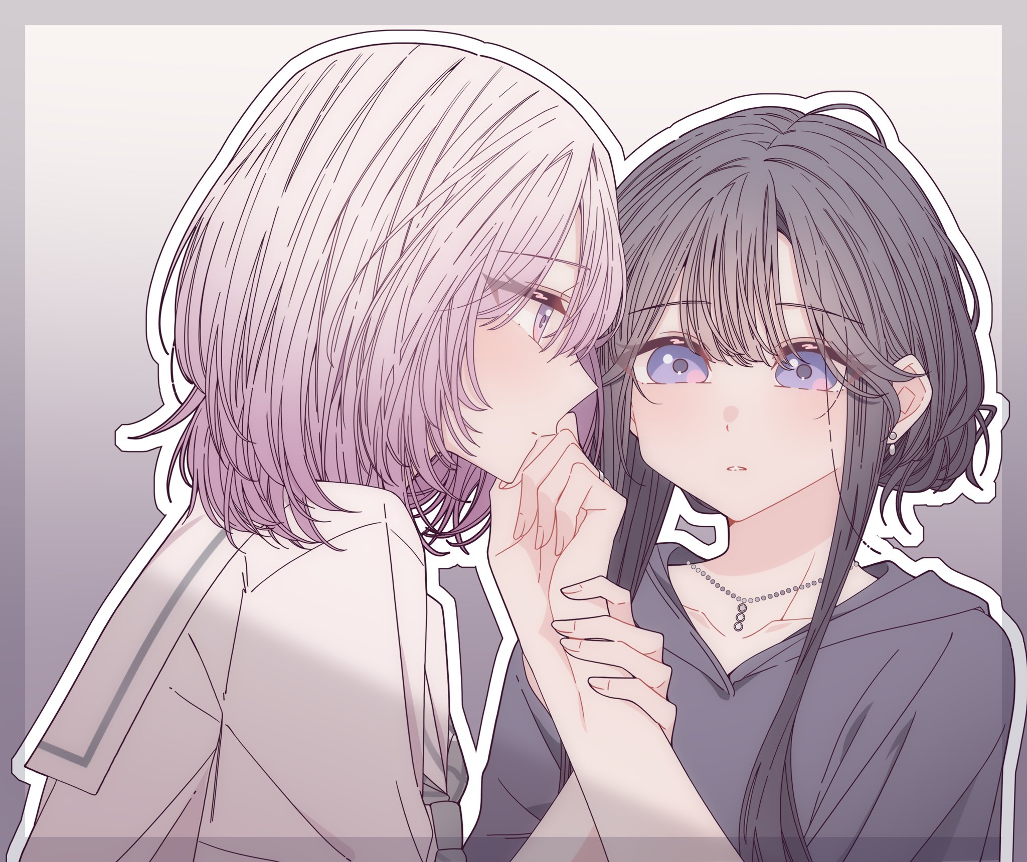 kousaka 0v0, ichigohara itsuki, togawa rin, hitozuma kyoushi ga oshiego no joshikousei ni dohamari suru hanashi, commentary, hashtag-only commentary, highres, 2girls, black hair, black shirt, border, cheating (relationship), closed mouth, earrings, gradient background, gradient hair, grey background, grey border, holding another's wrist, jewelry, looking at another, multicolored hair, multiple girls, necklace, parted lips, pink eyes, pink hair, purple eyes, ring, sailor collar, shirt, wedding ring, white hair, white sailor collar, white shirt, yuri