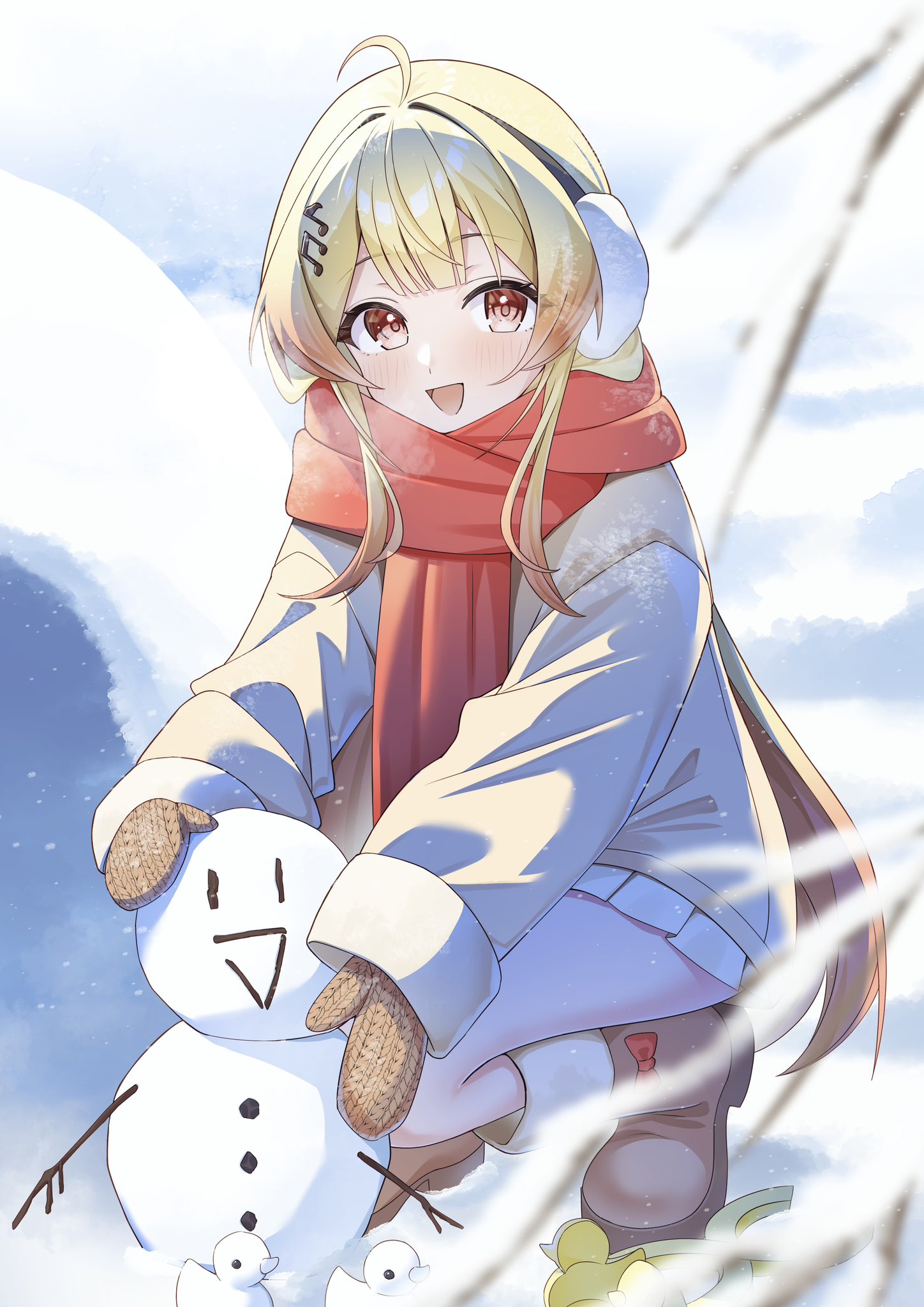yoshidadon, otonose kanade, hololive, hololive dev is, commentary request, highres, 1girl, ahoge, blonde hair, blurry, blurry foreground, boots, bow, branch, brown boots, brown coat, brown eyes, brown mittens, center-flap bangs, coat, earmuffs, enpera, footwear bow, fortissimo, full body, hair ornament, long hair, long sleeves, looking at viewer, mittens, musical note, musical note hair ornament, open mouth, outdoors, pleated skirt, red bow, red scarf, scarf, skirt, smile, snow, snowing, snowman, solo, squatting, very long hair, virtual youtuber, white skirt, winter
