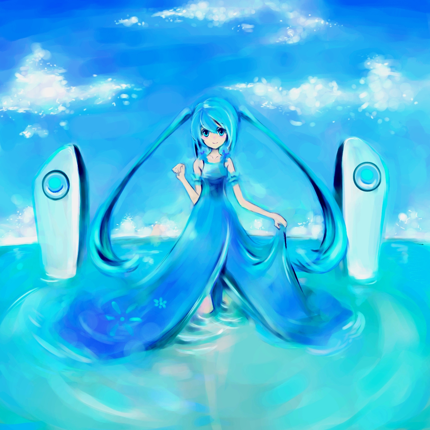 kiku (kicdoc), hatsune miku, vocaloid, bad id, bad pixiv id, highres, 1girl, blush, cloud, day, dress, female focus, full body, green eyes, green hair, long hair, matching hair/eyes, outdoors, sky, smile, solo, speaker, twintails, very long hair, water