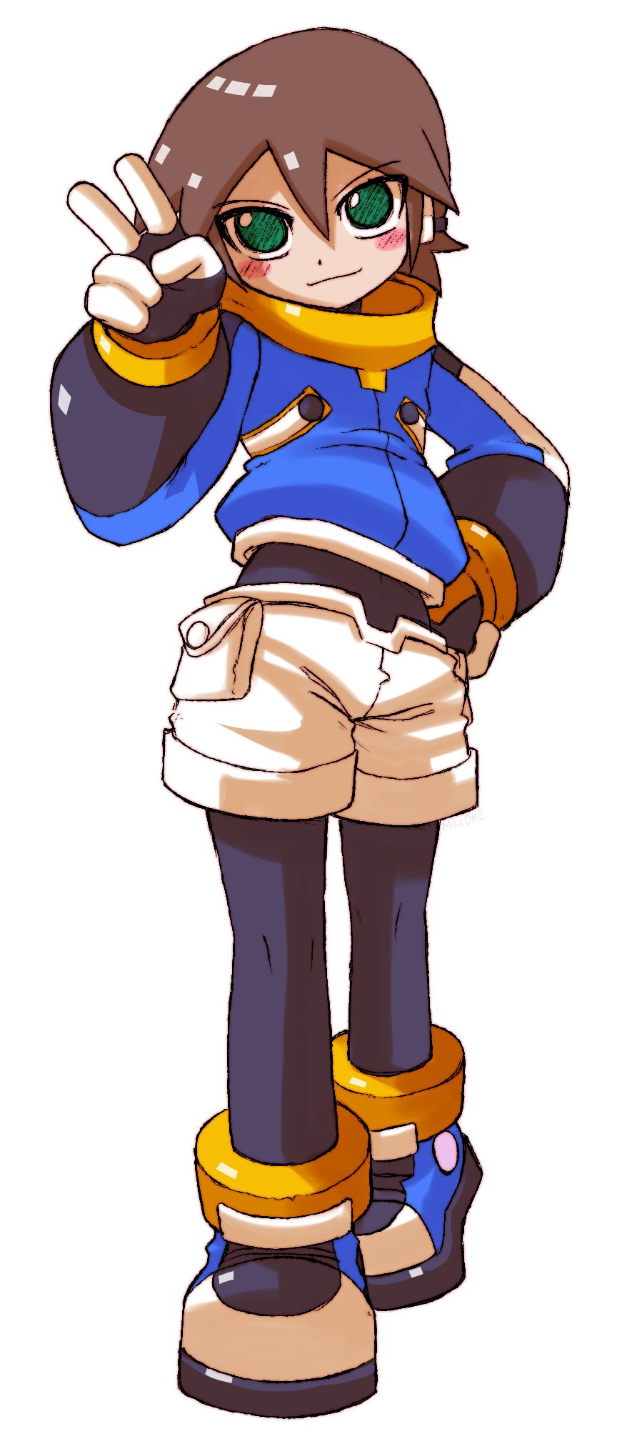 maxoke, aile (mega man zx), mega man (series), mega man zx, highres, 1girl, alternate costume, black bodysuit, blue jacket, blush stickers, bodysuit, brown hair, full body, green eyes, hand on own hip, jacket, robot ears, shirt, short hair, shorts, smile, solo, v, white shorts