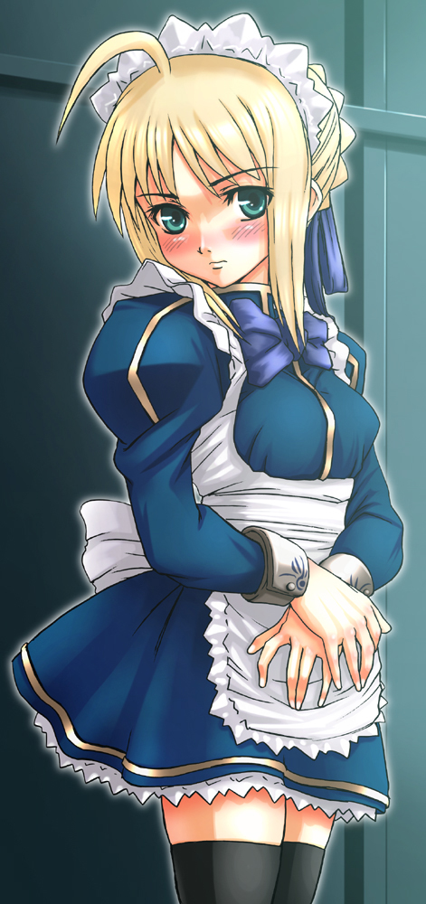 artoria pendragon (fate), saber (fate), fate/stay night, fate (series), 00s, apron, blonde hair, blush, green eyes, maid, maid apron, ribbon, thighhighs, wrist cuffs
