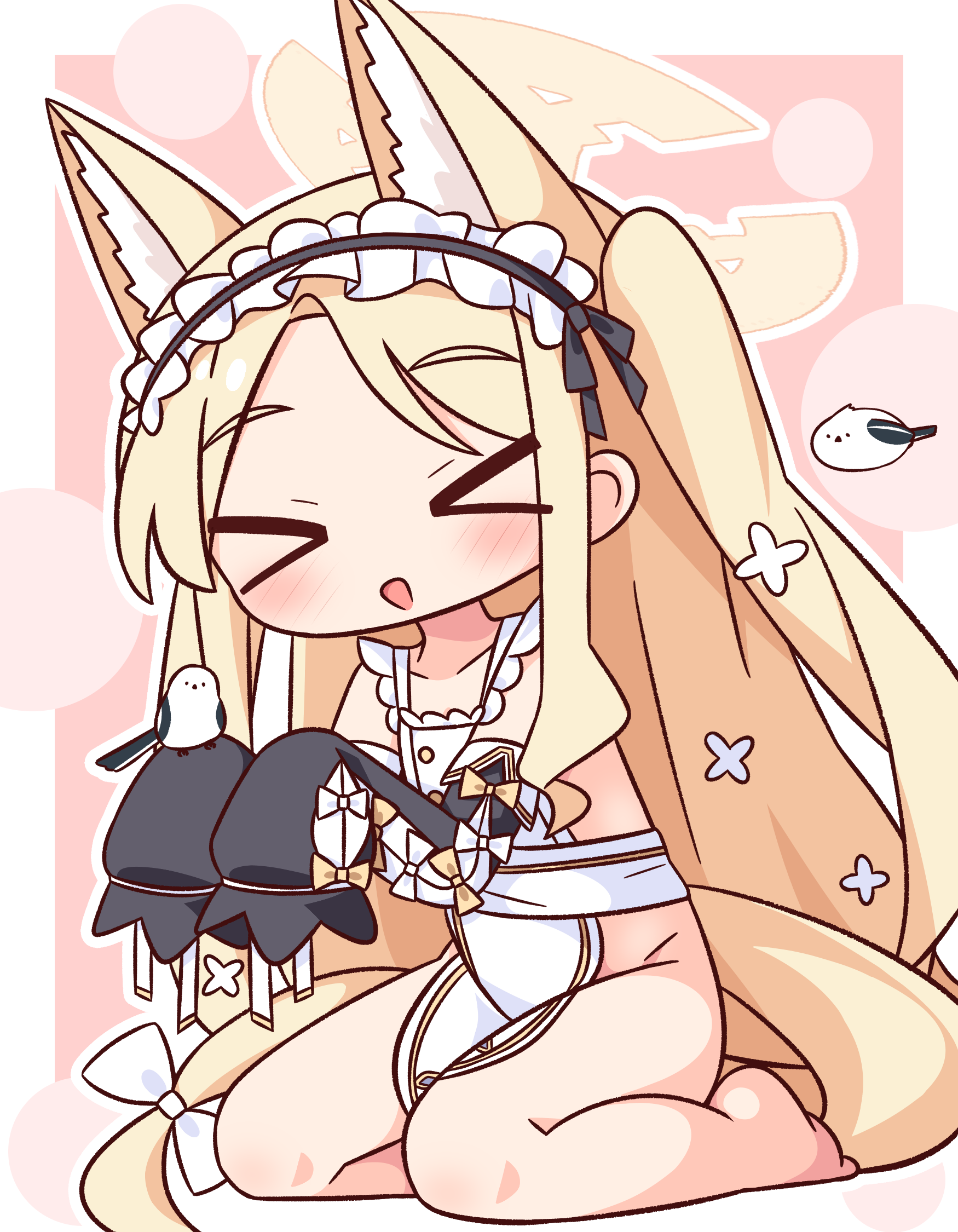 hana kazari, seia (blue archive), blue archive, commentary request, highres, > <, 1girl, :d, animal ear fluff, animal ears, apron, barefoot, bird, black hairband, black sleeves, blonde hair, blush, border, bow, closed eyes, collarbone, detached sleeves, fox ears, fox girl, fox tail, frilled hairband, frills, full body, hair bow, hairband, halo, long-tailed tit, long hair, long sleeves, naked apron, one side up, open mouth, outside border, parted bangs, pink background, sitting, sleeves past fingers, sleeves past wrists, smile, solo, tail, tit (bird), very long hair, white apron, white border, white bow, xd, yellow halo