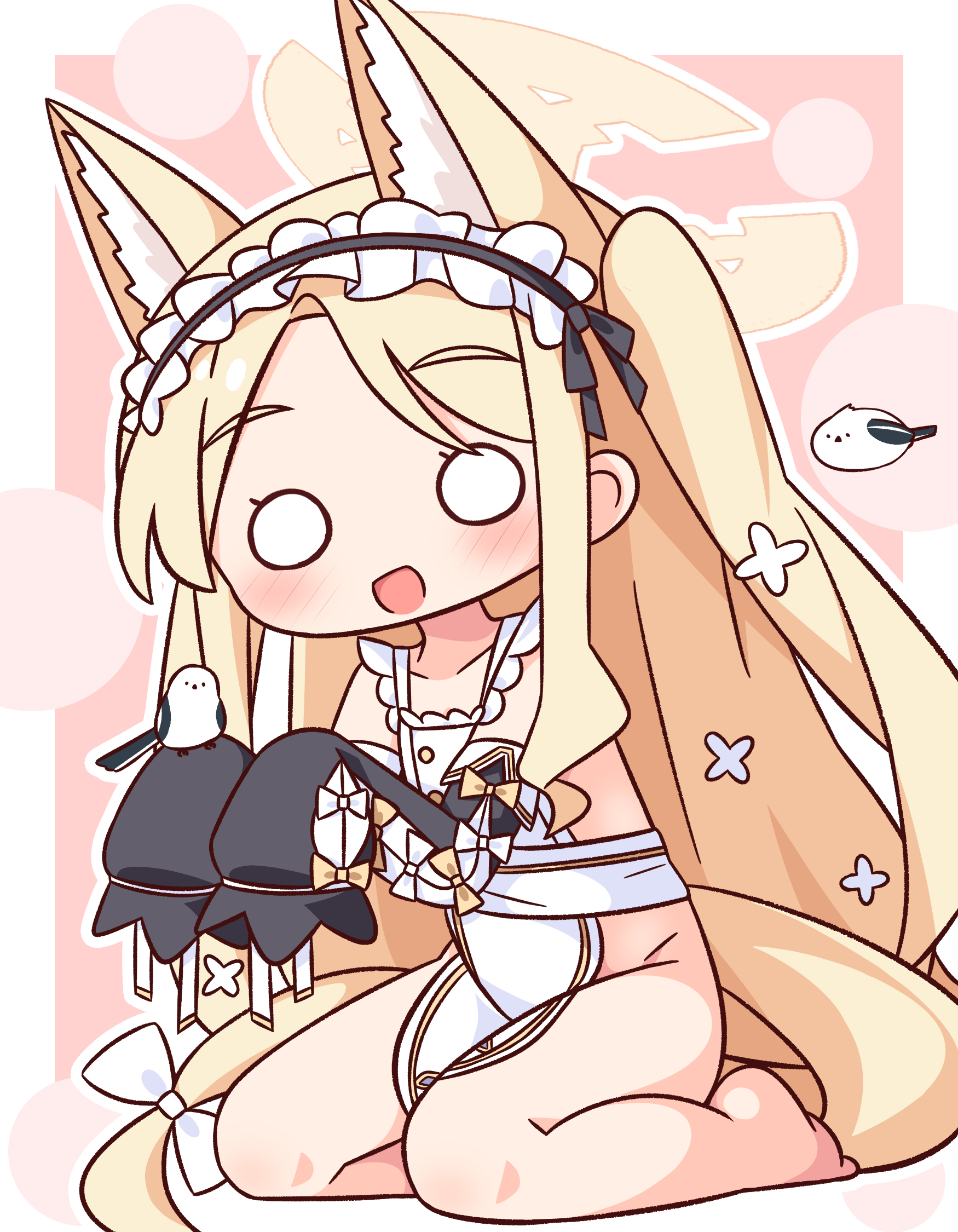 hana kazari, seia (blue archive), blue archive, commentary request, highres, 1girl, animal ear fluff, animal ears, apron, barefoot, bird, black hairband, black sleeves, blonde hair, blush, border, bow, closed mouth, collarbone, detached sleeves, fox ears, fox girl, fox tail, frilled hairband, frills, full body, hair bow, hairband, halo, long-tailed tit, long hair, long sleeves, looking at viewer, naked apron, o o, one side up, outside border, parted bangs, pink background, sitting, sleeves past fingers, sleeves past wrists, smile, solo, tail, tit (bird), very long hair, white apron, white border, white bow, yellow halo