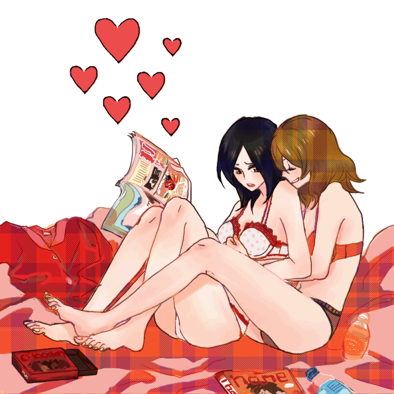 hoshi yama, higashi setsuna, momozono love, fresh precure!, precure, 00s, 2girls, barefoot, blonde hair, bra, breasts, brown hair, closed eyes, couple, feet, heart, hug, hug from behind, lingerie, magazine (object), multiple girls, panties, reading, short hair, sitting, underwear, underwear only, yuri