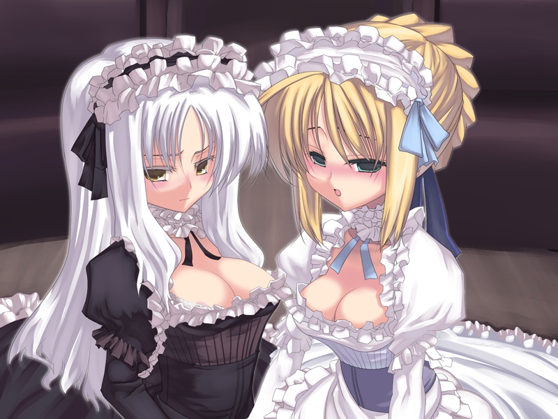 artoria pendragon (fate), caren hortensia, saber (fate), fate/stay night, fate (series), 00s, blonde hair, breasts, cleavage, corset, dress, empty eyes, goth fashion, gothic lolita, lolita fashion, long hair, white hair