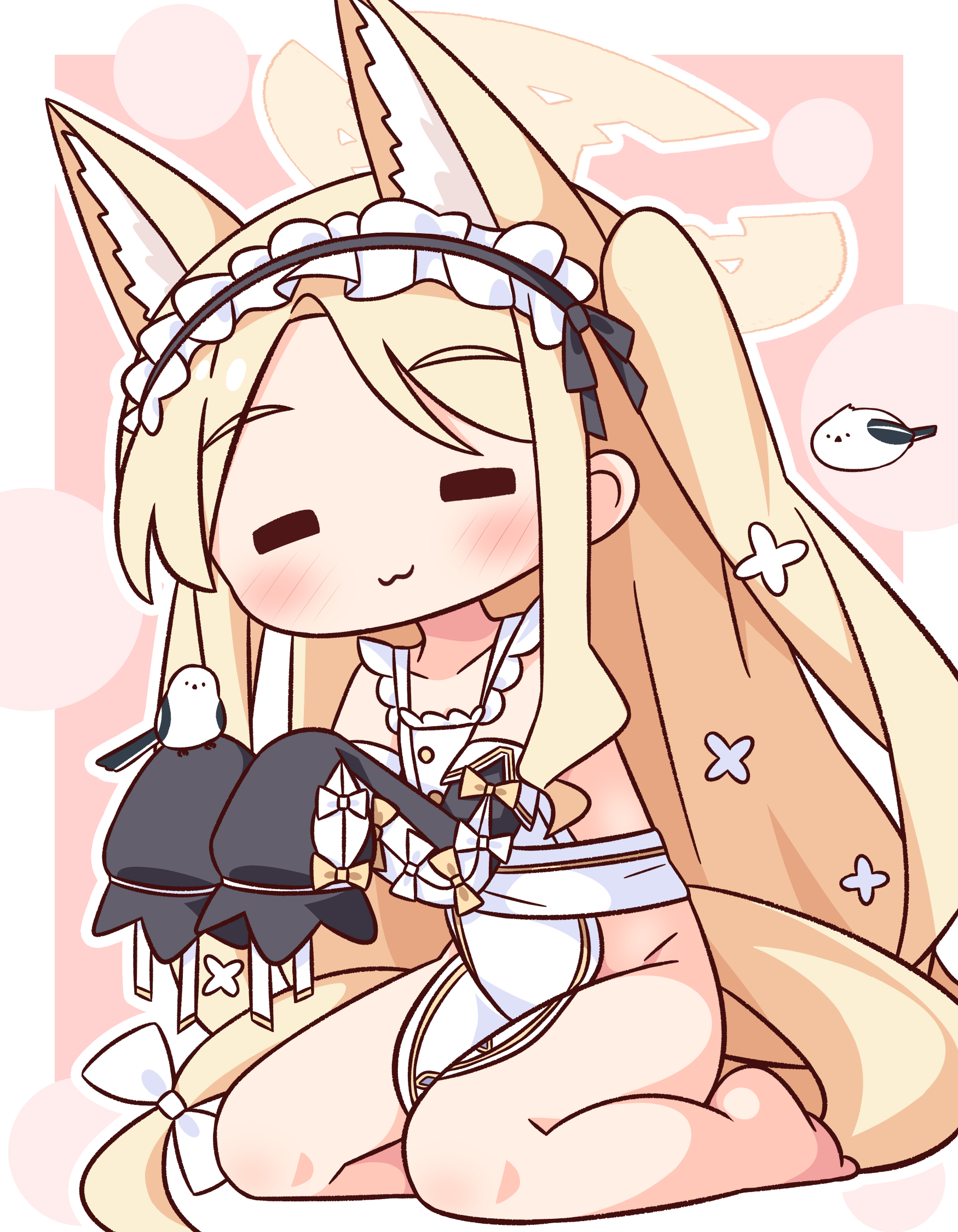hana kazari, seia (blue archive), blue archive, commentary request, highres, 1girl, :3, = =, animal ear fluff, animal ears, apron, barefoot, bird, black hairband, black sleeves, blonde hair, blush, border, bow, closed eyes, closed mouth, collarbone, detached sleeves, fox ears, fox girl, fox tail, frilled hairband, frills, full body, hair bow, hairband, halo, long-tailed tit, long hair, long sleeves, naked apron, one side up, outside border, parted bangs, pink background, sitting, sleeves past fingers, sleeves past wrists, smile, solo, tail, tit (bird), very long hair, white apron, white border, white bow, yellow halo