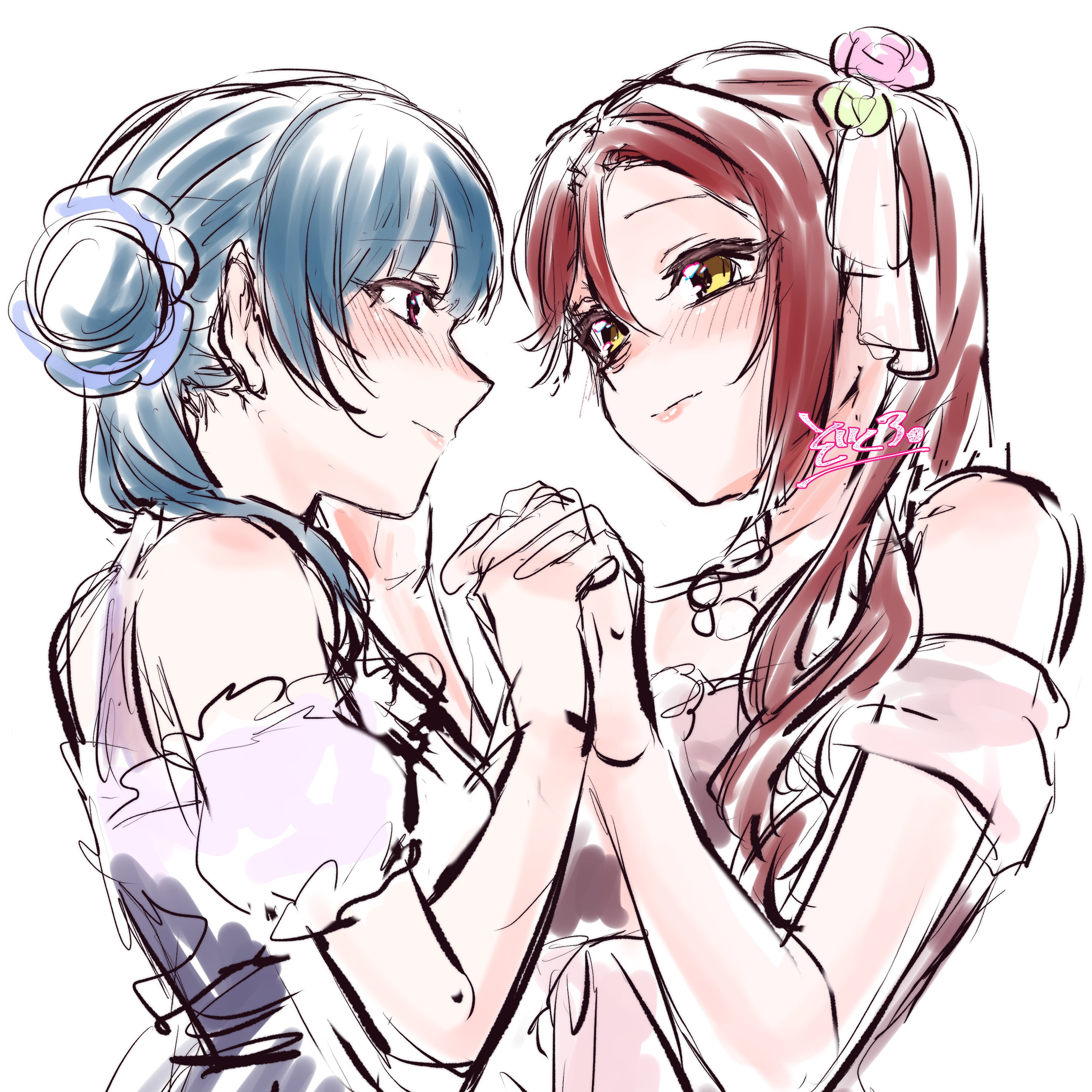 zokuro 1018, sakurauchi riko, tsushima yoshiko, love live!, love live! sunshine!!, absurdres, commentary request, highres, 2girls, bare shoulders, blue hair, blush, closed mouth, dress, holding hands, interlocked fingers, long hair, multiple girls, off-shoulder dress, off shoulder, pink dress, red eyes, red hair, simple background, smile, white background, yellow eyes, yuri