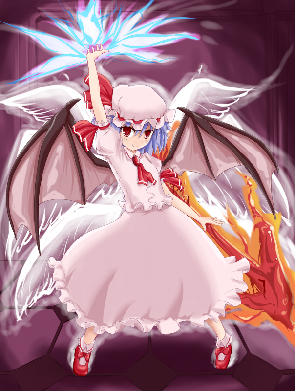 mokuyou, remilia scarlet, touhou, 1girl, blue hair, female focus, fire, frills, gathers, hat, long skirt, red eyes, skirt, smile, solo, spear the gungnir, wings