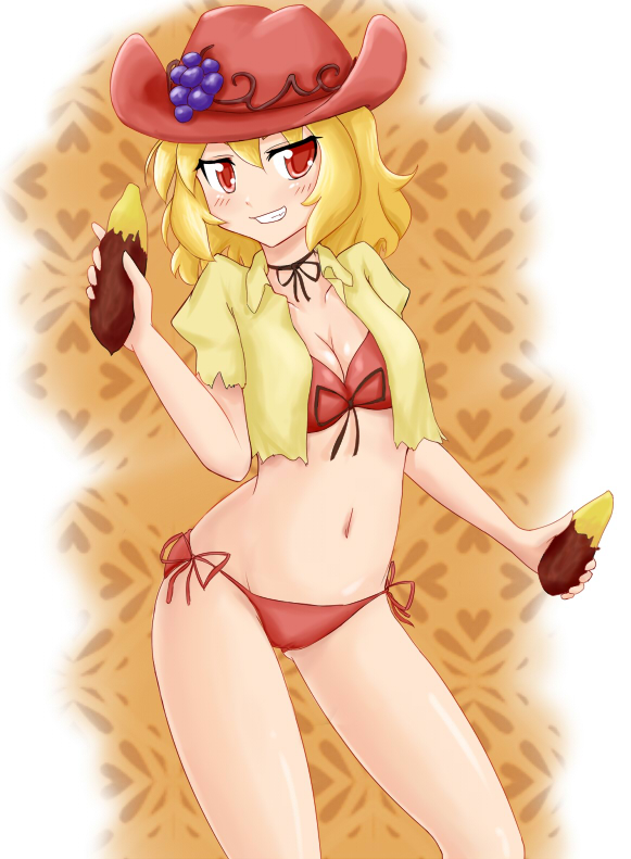 mokuyou, aki minoriko, touhou, 1girl, bikini, blonde hair, blush, breasts, cleavage, female focus, hat, red eyes, side-tie bikini bottom, smile, solo, swimsuit