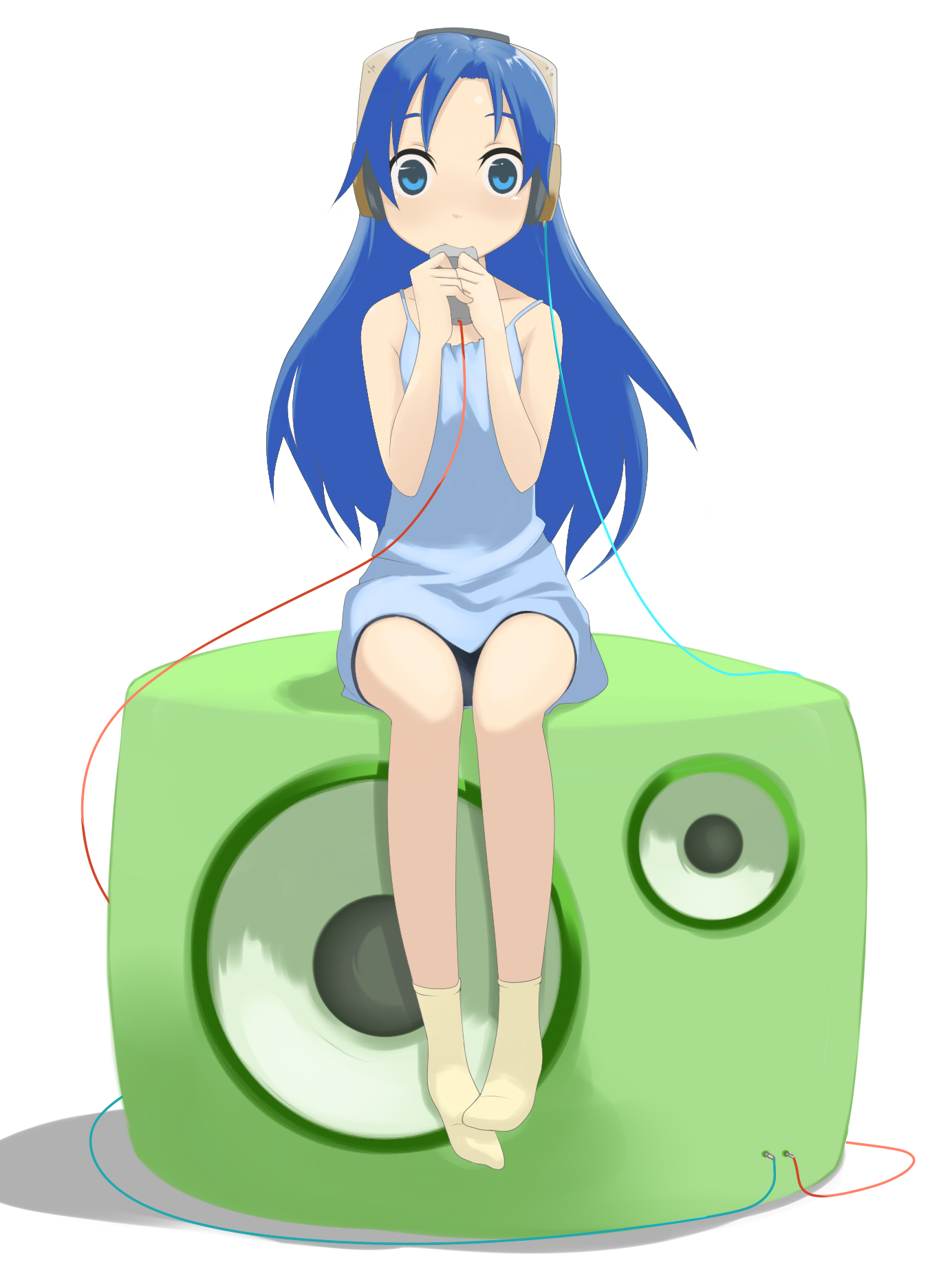 katakura supipi, kisaragi chihaya, idolmaster, idolmaster (classic), bad id, bad pixiv id, highres, 00s, 1girl, blue eyes, blue hair, female focus, flat chest, headphones, matching hair/eyes, microphone, sitting, socks, solo, speaker