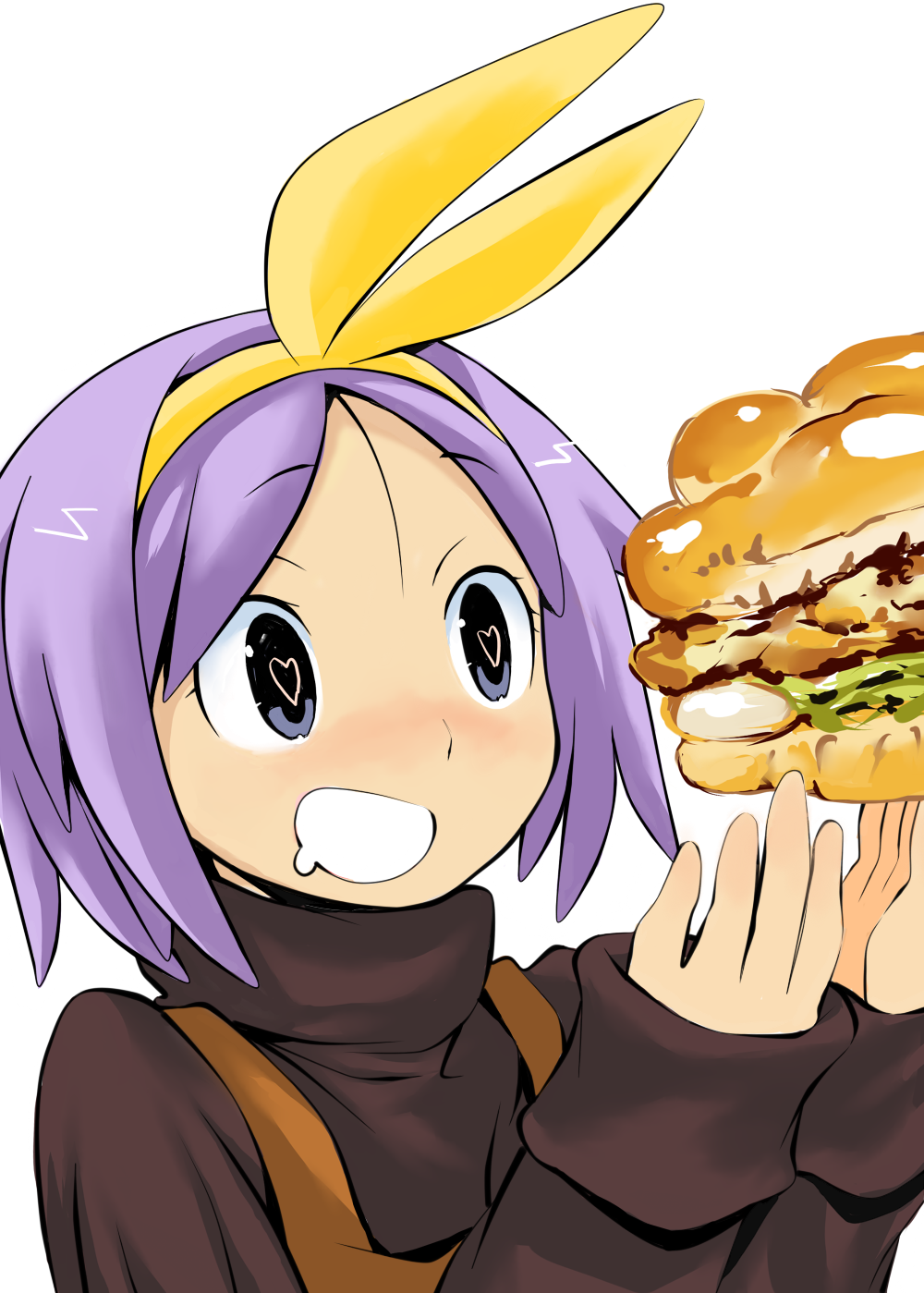 dokuda, hiiragi tsukasa, lucky star, bad id, bad pixiv id, highres, 00s, 1girl, blue eyes, blush, female focus, food, purple hair, sandwich, simple background, solo, sweater, turtleneck, white background