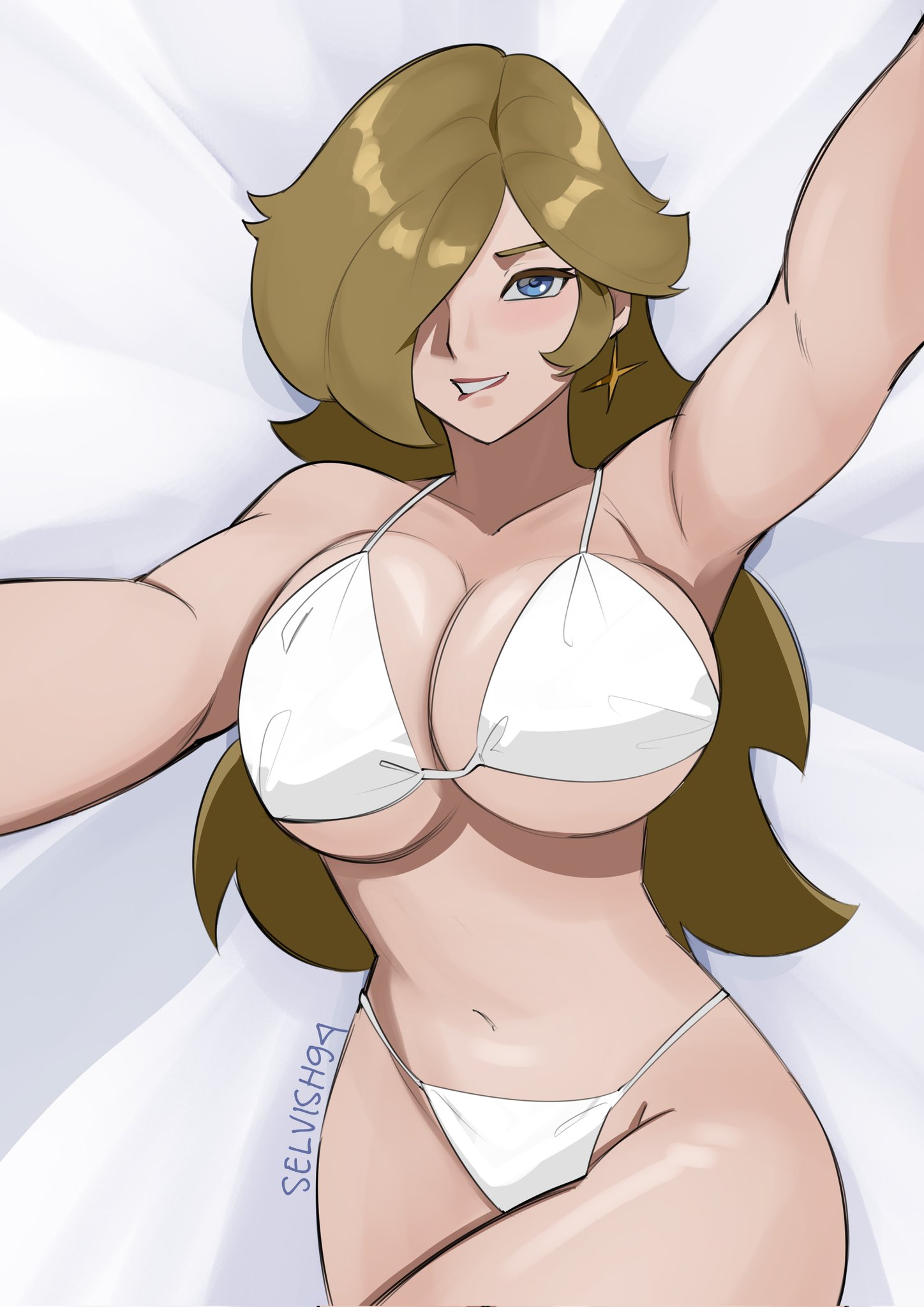 selvish94, rosalina, mario (series), nintendo, super mario galaxy, highres, 1girl, alternate breast size (larger), bed sheet, bikini, biting own lip, blonde hair, blue eyes, breasts, hair over one eye, large breasts, long hair, midriff, outstretched arms, solo, swimsuit, thighs, white bikini
