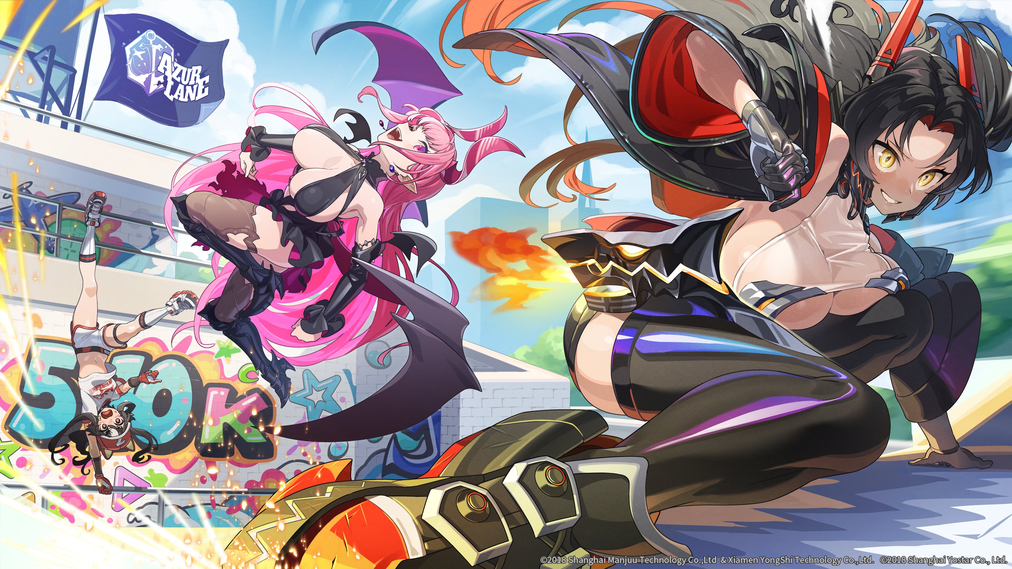 mecklenburg (azur lane), z52 (azur lane), azur lane, absurdres, artist request, character request, commentary, english commentary, highres, official art, 3girls, armored boots, black dress, black hair, boots, breasts, colored inner hair, copyright logo, copyright name, copyright notice, demon girl, demon horns, demon wings, dress, horns, large breasts, large horns, logo, long horns, multicolored hair, multiple girls, pink eyes, pink horns, underboob, wings, yellow eyes