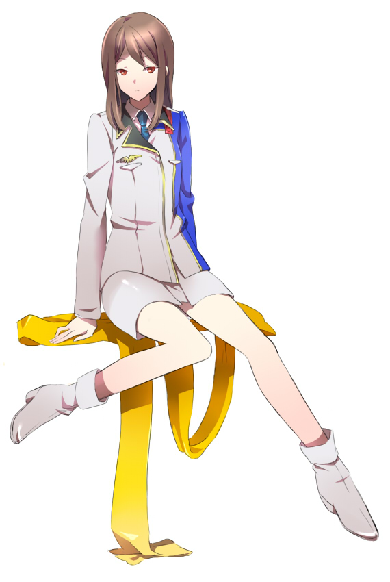 ayamoto, mishima reika, rahxephon, 00s, 1girl, blue necktie, brown hair, female focus, full body, invisible chair, long hair, military, military uniform, necktie, red eyes, scarf, simple background, sitting, solo, unworn scarf, white background