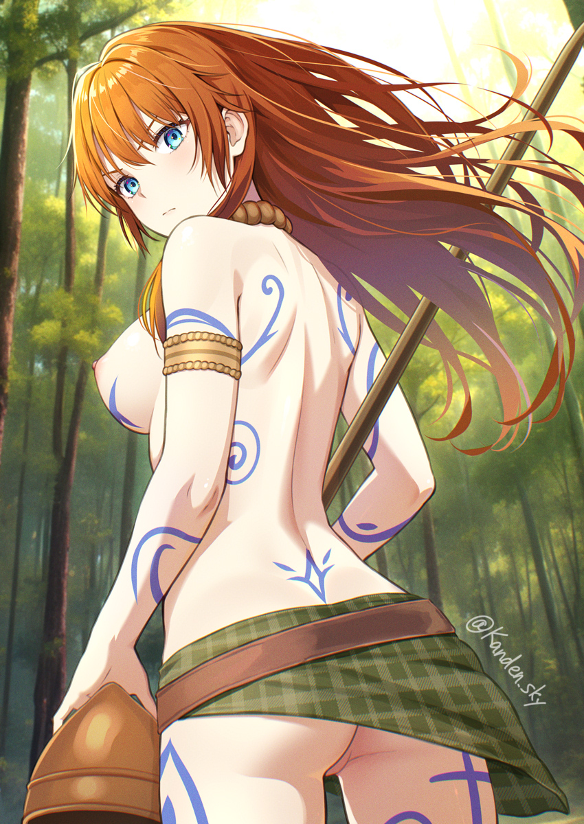 kanden sky, original, commentary request, commission, highres, pixiv commission, 1girl, arm at side, ass, belt, blue eyes, breasts, brown belt, chop, closed mouth, cowboy shot, day, floating hair, forest, full-body tattoo, green skirt, large breasts, long hair, looking at viewer, looking back, median furrow, microskirt, naked skirt, nature, nipples, no panties, orange hair, outdoors, shoulder blades, skirt, solo, standing, tattoo, topless female, tree, tribal, tribal tattoo, turning head, twitter username, v-shaped eyebrows