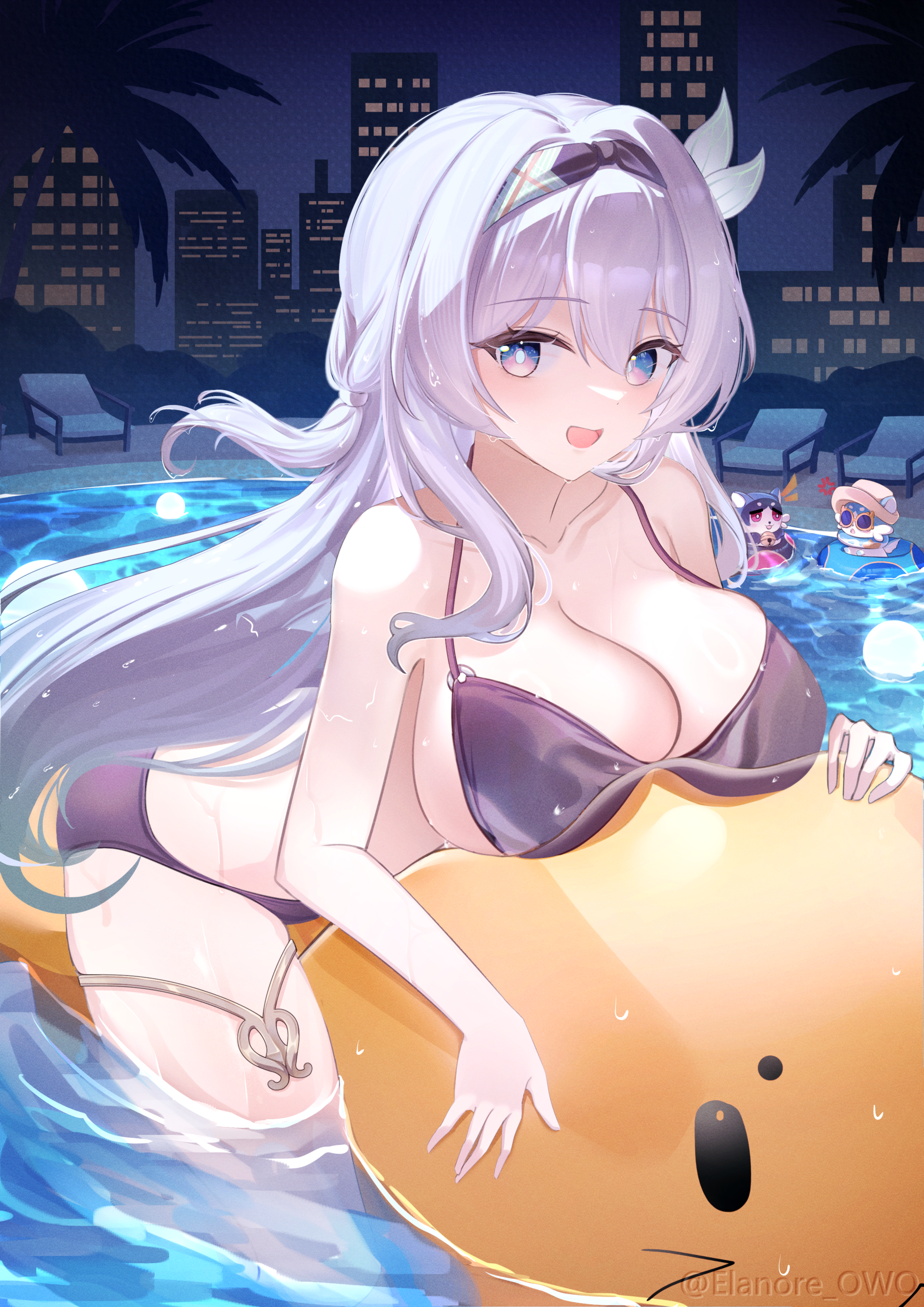 elanore, firefly (honkai: star rail), honkai: star rail, honkai (series), absurdres, commentary request, highres, revision, 1girl, :d, alternate costume, aqua hair, artist name, bikini, black bikini, blue eyes, blush, breasts, cleavage, collarbone, gradient hair, grey hair, hair between eyes, hair ornament, inflatable toy, large breasts, long hair, multicolored eyes, multicolored hair, night, open mouth, pine tree, pink eyes, pool, smile, solo, swimsuit, tree, two-tone eyes, wet