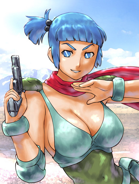 ueyama michirou, rag urao, sentou mecha xabungle, xabungle, resized, 80s, blue eyes, blue hair, breasts, desert, gun, handgun, large breasts, pistol, pixiv thumbnail, retro artstyle, solo, weapon