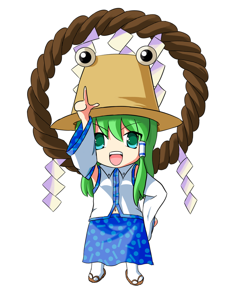 ayuosu, kochiya sanae, moriya suwako, yasaka kanako, touhou, bad id, bad pixiv id, 1girl, chibi, female focus, green eyes, green hair, hat, matching hair/eyes, navel, rope, shimenawa, simple background, solo
