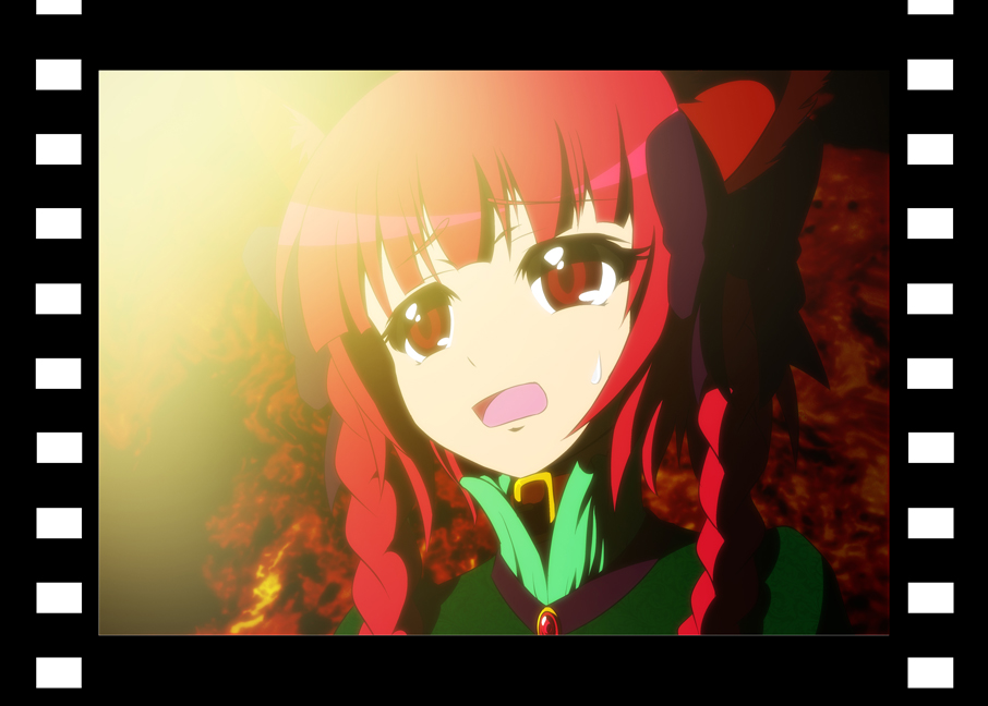 ayuosu, kaenbyou rin, touhou, 1girl, female focus, film strip, red eyes, red hair, solo