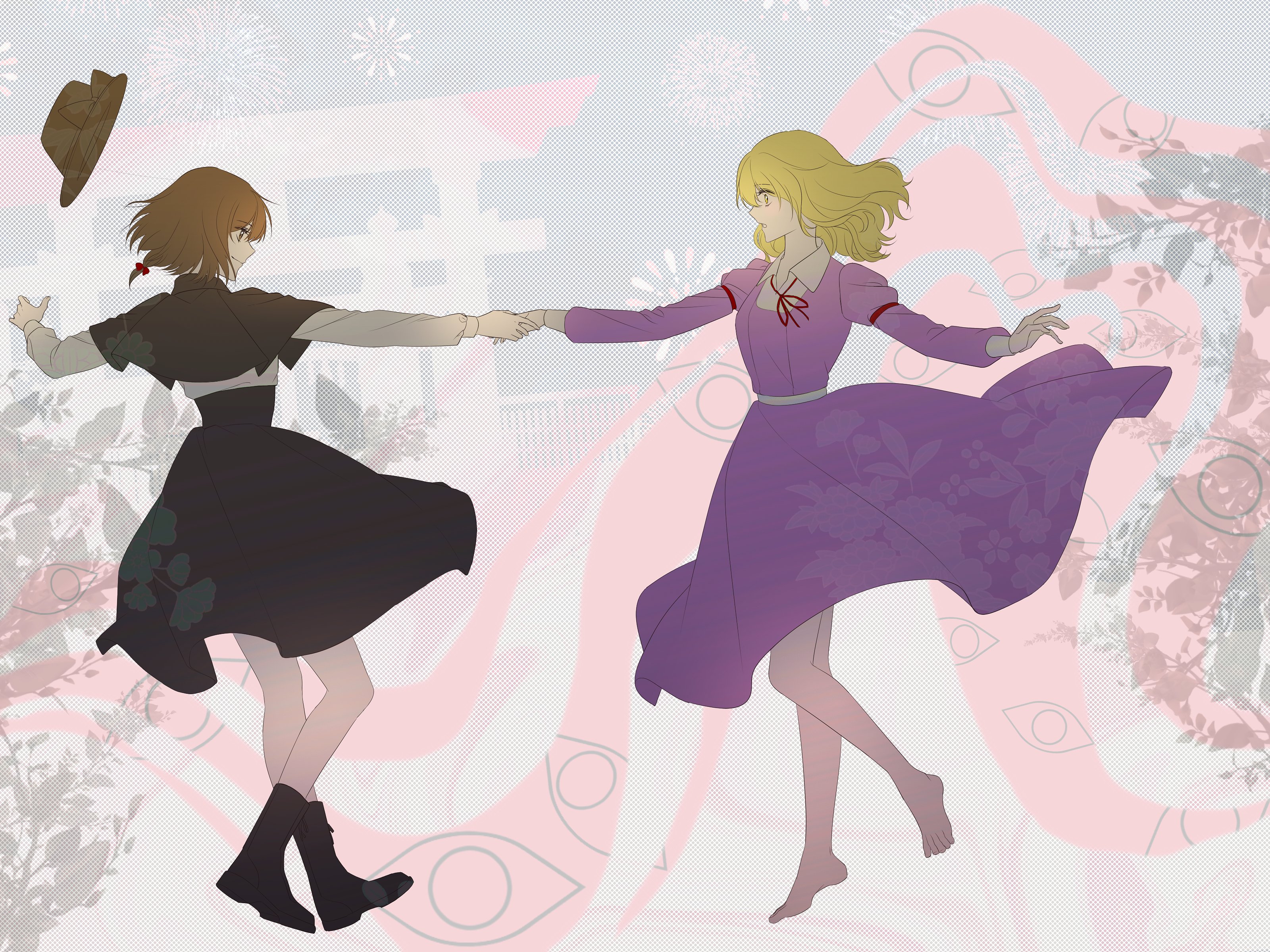 ktsis, maribel hearn, usami renko, touhou, absurdres, commentary request, highres, 2girls, black boots, black bow, black capelet, black hat, black skirt, blonde hair, boots, bow, brown eyes, brown hair, capelet, collared dress, disembodied eye, dress, fence, fireworks, from side, full body, gap (touhou), hair bow, hat, hat bow, high-waist skirt, holding hands, leaf, long sleeves, looking at another, multiple girls, neck ribbon, no headwear, no socks, open mouth, polka dot, polka dot background, purple dress, red bow, red ribbon, ribbon, shirt, shirt tucked in, skirt, smile, standing, torii, unworn headwear, waist ribbon, white shirt, yellow eyes