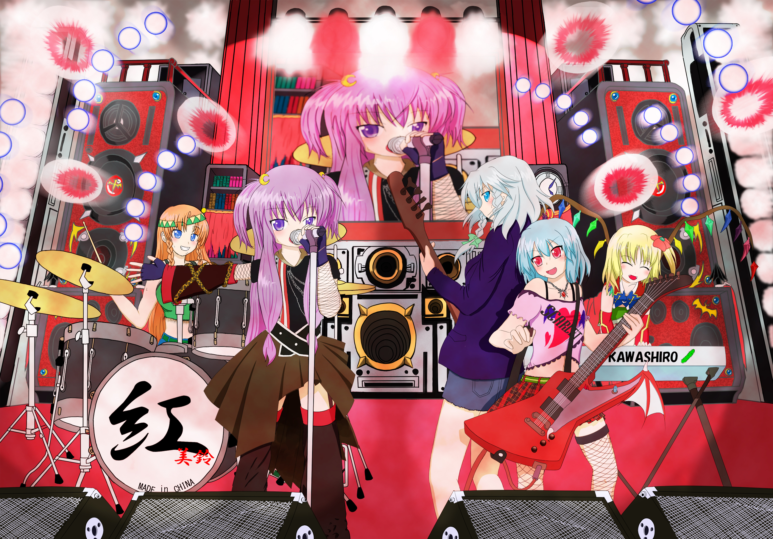 ayuosu, flandre scarlet, hong meiling, izayoi sakuya, patchouli knowledge, remilia scarlet, embodiment of scarlet devil, touhou, highres, 5girls, band (music), bass guitar, danmaku, electric guitar, female focus, gibson explorer, guitar, instrument, microphone, microphone stand, multiple girls, music, short hair, singing, vampire