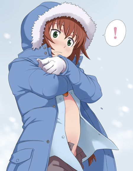 maruto!, suou pavlichenko, darker than black, !, 00s, 1girl, belly, blush, brown hair, coat, cold, covering privates, female focus, green eyes, navel, open clothes, open shirt, shirt, snow, solo, unzipped, wardrobe malfunction, winter, winter clothes