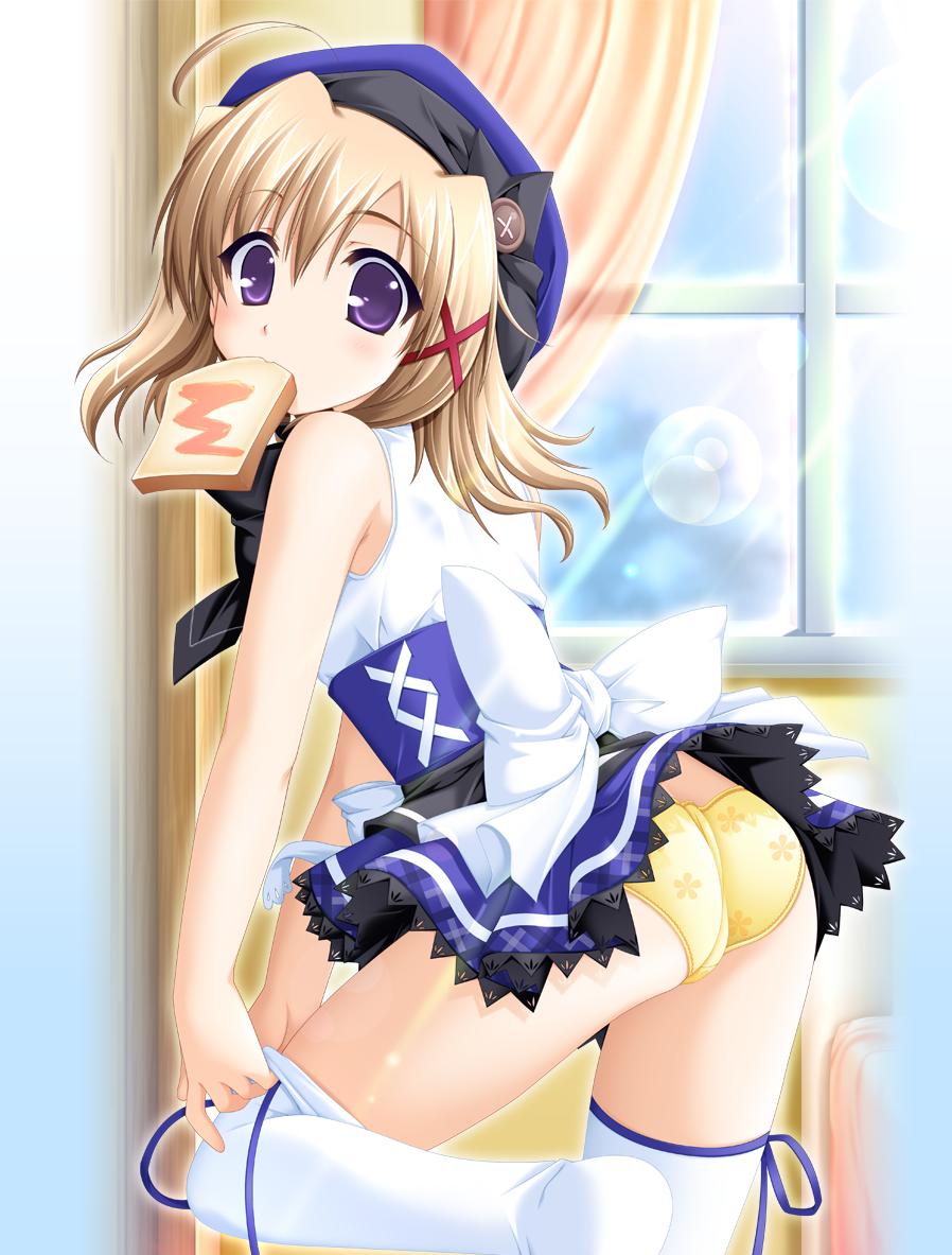 alpha (yukai na nakamatachi), komatsu asuka, konna ko ga itara boku wa mou, 1girl, bread, brown hair, female focus, floral print, food, panties, print panties, solo, thighhighs, underwear, yellow panties