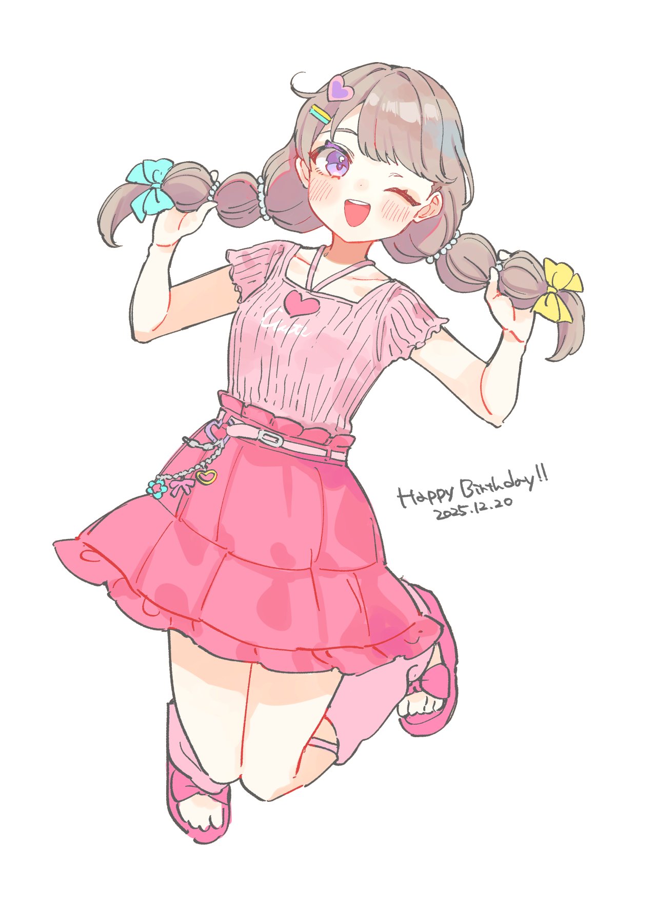 shijimi kozou, fujishima megumi, link! like! love live!, love live!, village vanguard, commentary request, highres, 1girl, ;d, blue bow, blush, bow, brown hair, full body, hair bow, hair ornament, hairclip, heart, heart hair ornament, holding, holding own hair, jumping, leg warmers, looking at viewer, low twintails, miniskirt, multi-tied hair, official alternate costume, one eye closed, open mouth, pink leg warmers, pink sandals, pink shirt, pink skirt, purple eyes, sandals, shirt, short sleeves, simple background, skirt, smile, solo, teeth, toes, twintails, upper teeth only, virtual youtuber, white background, yellow bow