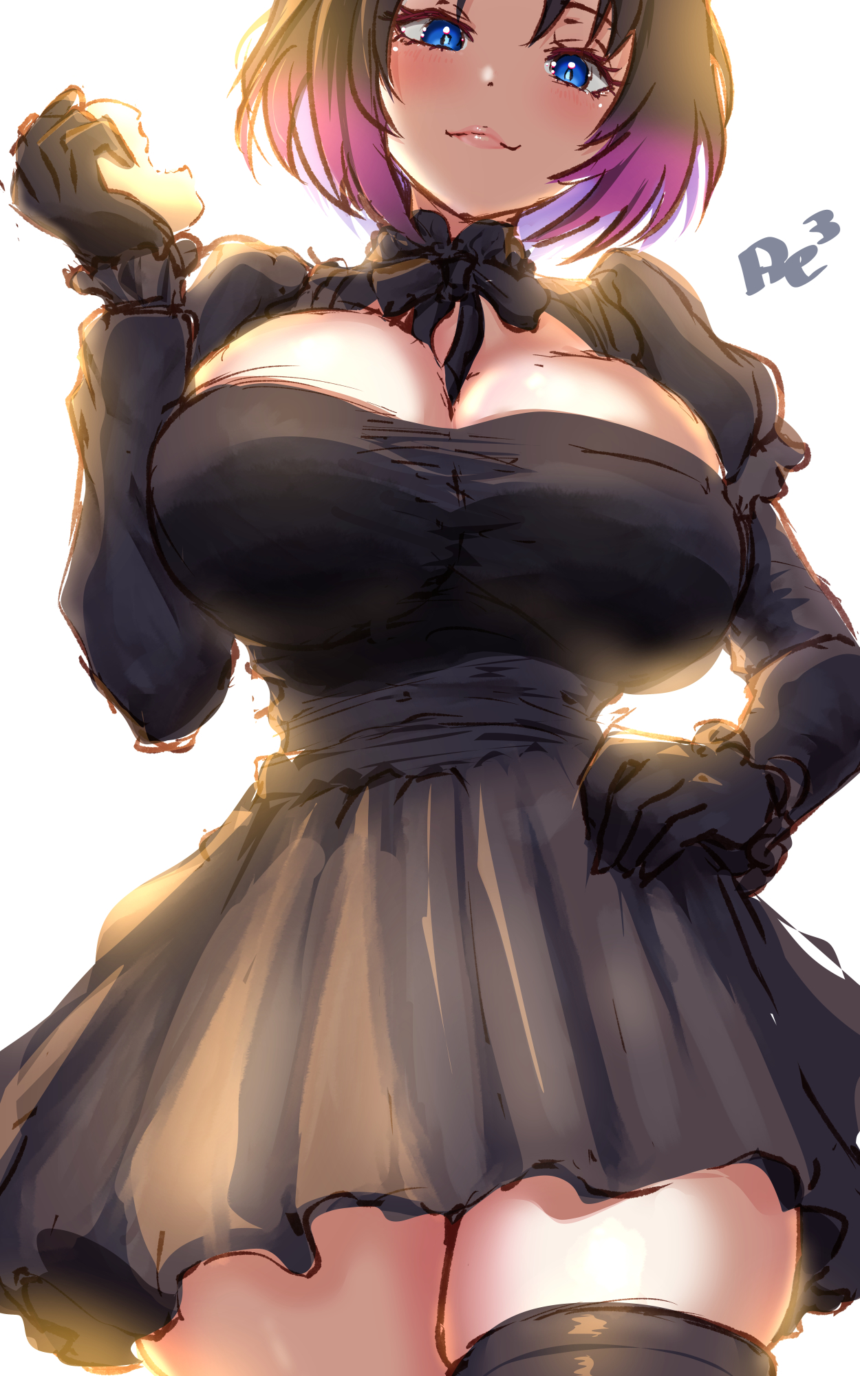 reiwa rerere, elma (maidragon), kobayashi-san chi no maidragon, highres, 1girl, between breasts, black bow, black dress, black gloves, black hair, black thighhighs, blue eyes, blush, bow, breasts, cleavage, closed mouth, cowboy shot, dragon girl, dress, gloves, gradient hair, hand on own hip, large breasts, long sleeves, looking at viewer, multicolored hair, puffy sleeves, short hair, simple background, sketch, smile, solo, thighhighs, white background