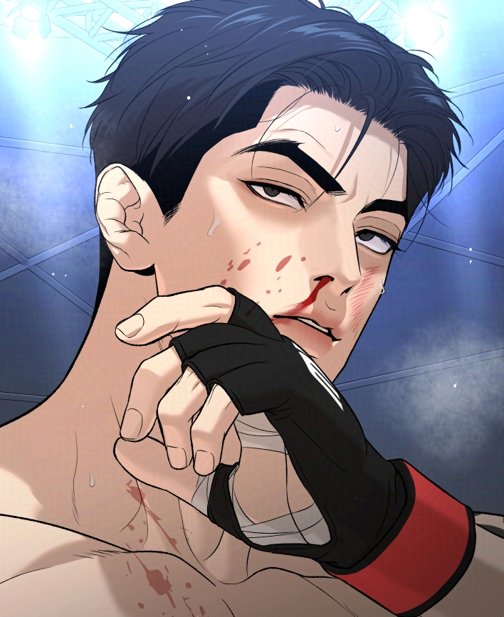 mingwa, joo jaekyung, jinx (manhwa), 1boy, bandaged hand, bandages, black eyes, black hair, bleeding, blood, blood on face, blood splatter, bruise, bruise on face, fingerless gloves, gloves, hair slicked back, injury, male focus, nosebleed, short hair, solo, sweat, sweatdrop, topless male, upper body