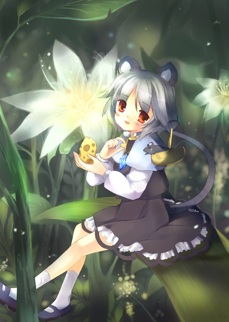 fuyouchu, nazrin, touhou, bad id, bad pixiv id, 1girl, animal ears, basket, cheese, female focus, flower, food, grey hair, jewelry, mini person, minigirl, mouse (animal), mouse ears, mouse tail, nature, pendant, plant, red eyes, short hair, sitting, sitting on object, solo, tail