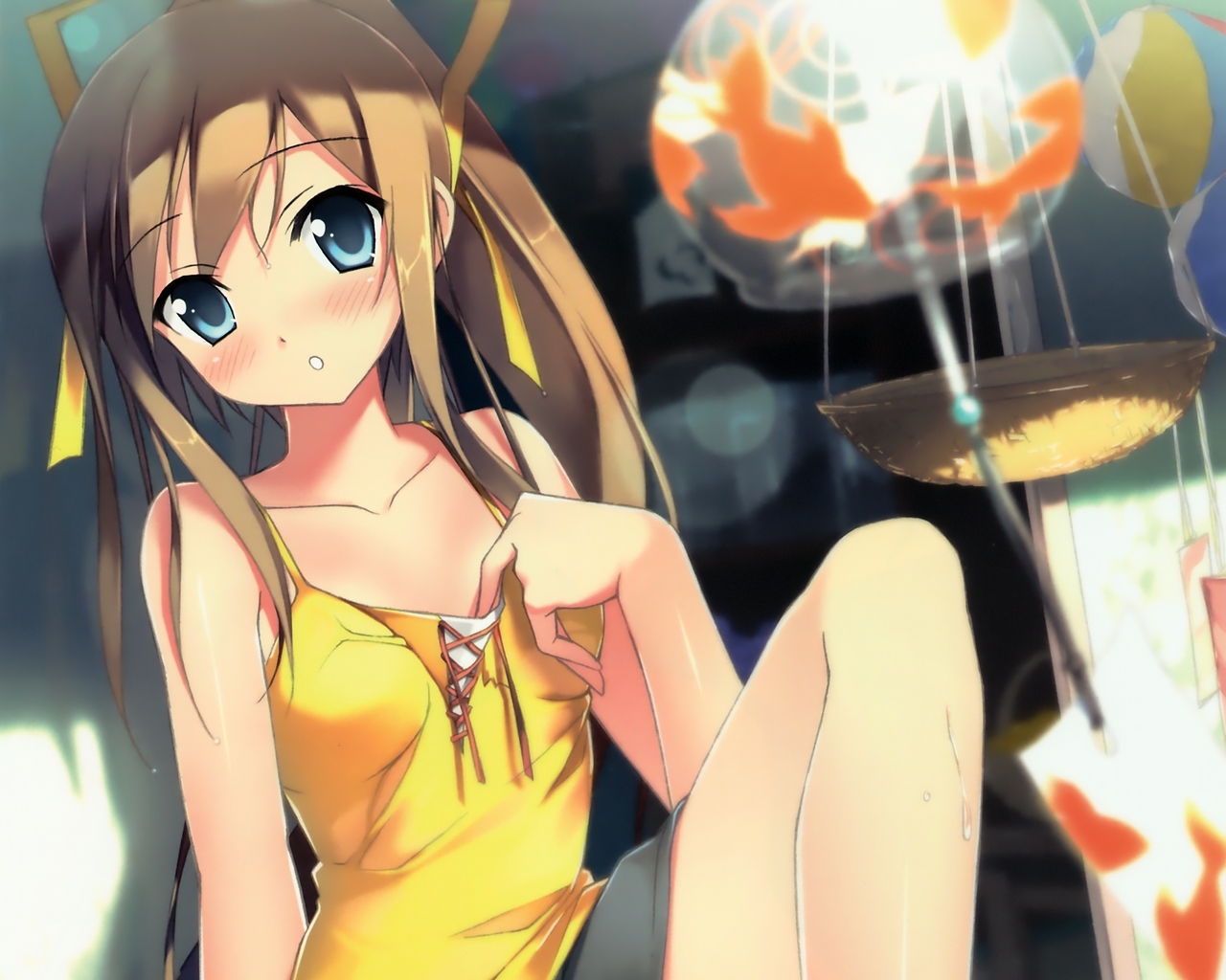 kantoku, miyazawa midori, natsu no ame, 1girl, blurry, blush, brown hair, depth of field, female focus, ponytail, solo, wind chime