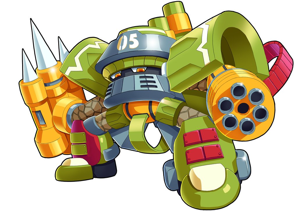 ultimatemaverickx, battalion (mighty no. 9), mighty no. 9, tagme, 1boy, 5 (number), armor, full body, gatling gun, green armor, legs apart, no humans, orange eyes, redesign, robot, simple background, standing, weapon, white background