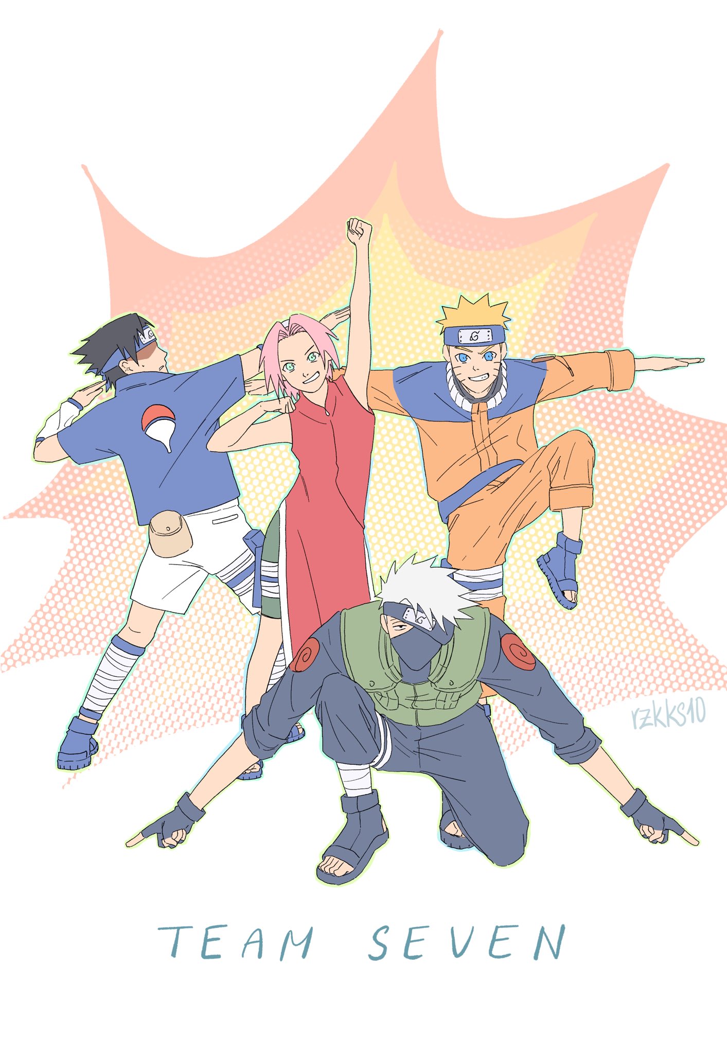 ryuzkks10, haruno sakura, hatake kakashi, uchiha sasuke, uzumaki naruto, naruto (classic), naruto (series), highres, 1girl, 3girls, black hair, black pants, black shirt, black shorts, blonde hair, blue shirt, dress, forehead protector, ginyu force pose, green vest, group picture, jacket, mask, mouth mask, multiple girls, one eye covered, orange jacket, orange pants, pants, pink hair, red dress, shirt, short hair, shorts, spiked hair, vest, white hair, white shorts