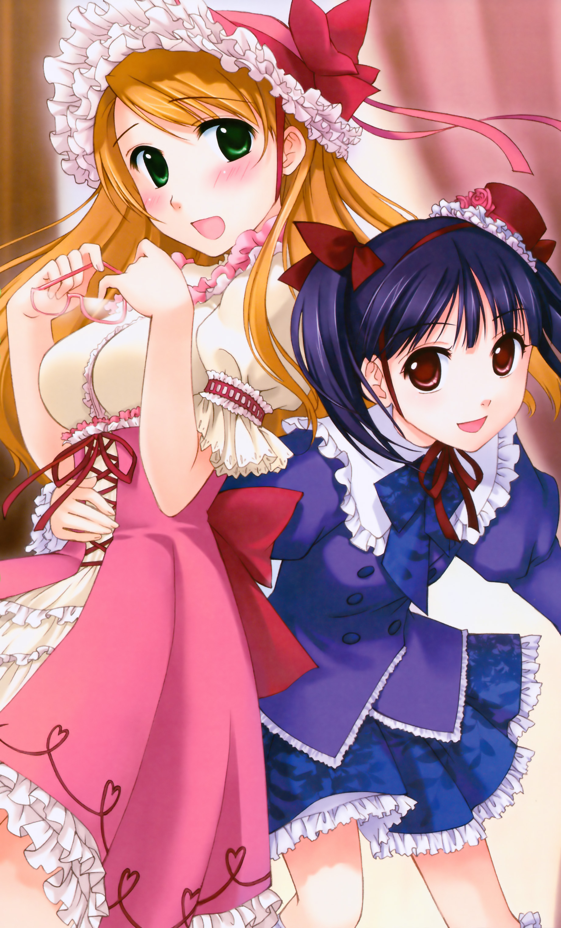 ginta, absurdres, highres, blonde hair, blue hair, blush, glasses, gothic lolita, lolita fashion, twintails