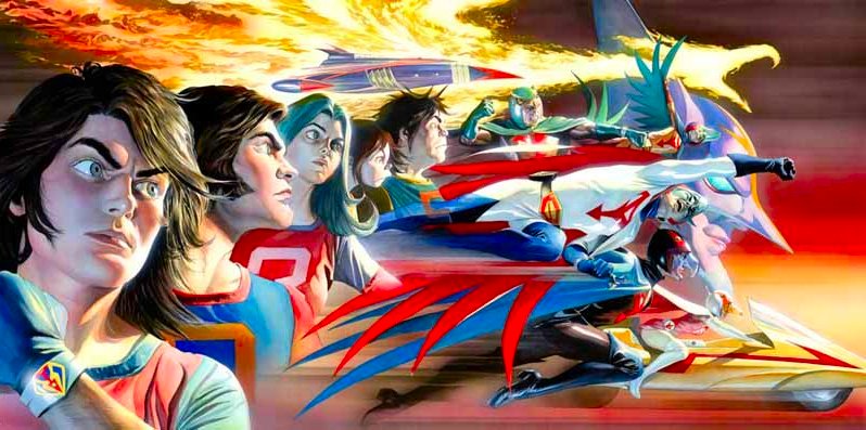 alex ross, berg katse, godphoenix, jinpei the swallow, joe the condor, jun the swan, ken the eagle, ryu the owl, gatchaman, tatsunoko production, blade, vehicle, cropped, official art, scan, traditional media, 1970s (style), 1girl, 5boys, 6+boys, angry, antennae, belt, bird, blue eyes, bodysuit, box art, brown hair, cape, clenched teeth, energy gun, epic, flying, gloves, green hair, helmet, holster, insignia, jumping, logo, looking ahead, mask, miniskirt, motor vehicle, motorcycle, multiple boys, muscular, official style, oldschool, phoenix, punching, ray gun, realistic, retro artstyle, running, science fiction, sideburns, skirt, smile, spacecraft, teeth, watch, weapon, wings