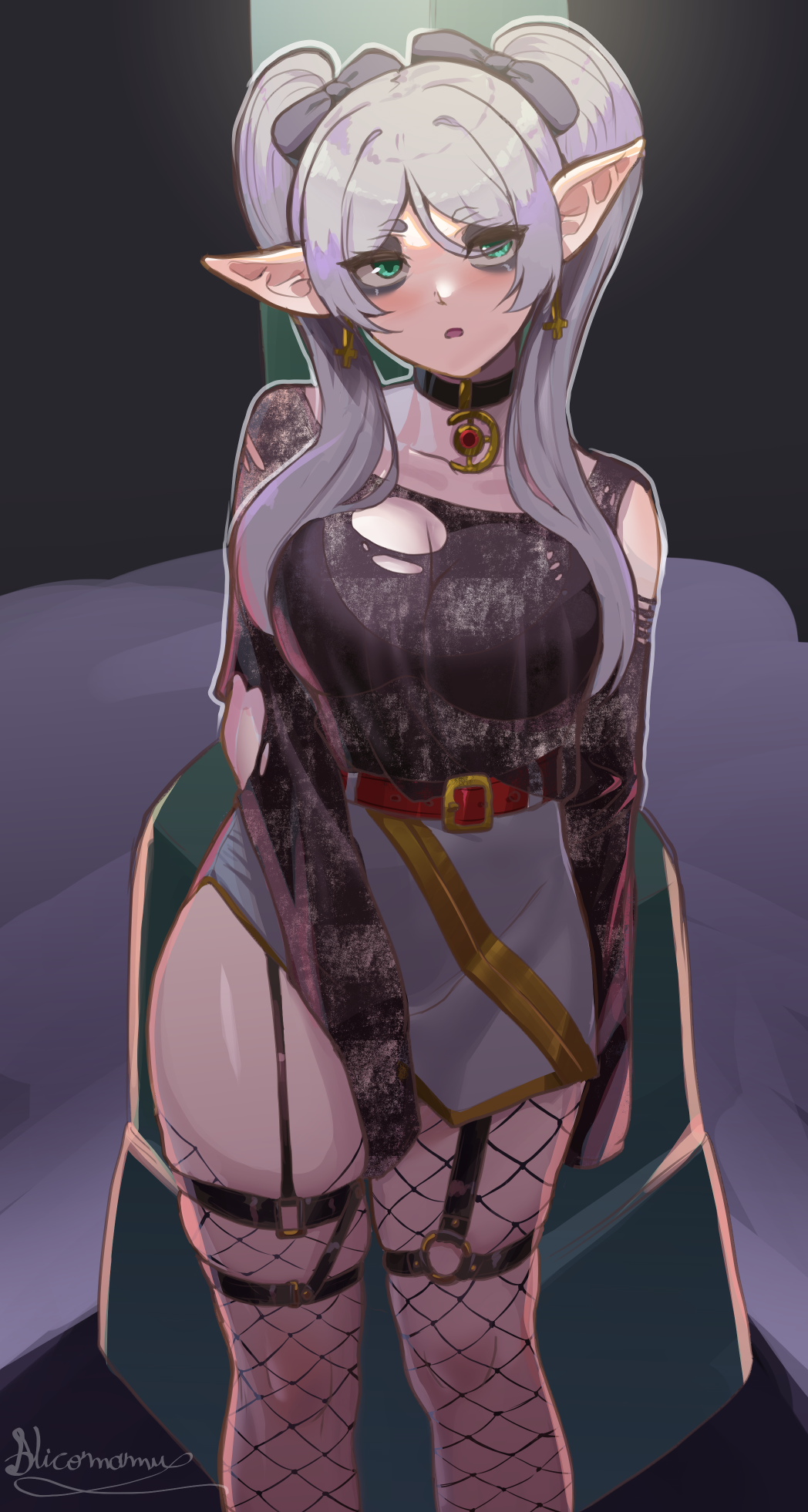 nicomamu, frieren, sousou no frieren, commentary request, highres, 1girl, alternate breast size (larger), asymmetrical legwear, belt, black bow, black bra, black choker, black eyeshadow, black shirt, bow, bra, breasts, choker, cleavage, cross, earrings, elf, eyeshadow, eyeshadow under eye, fishnet pantyhose, fishnet thighhighs, fishnets, garter straps, goth fashion, green eyes, grey hair, hair bow, inverted cross, inverted cross earrings, jewelry, long hair, looking at viewer, loose hair strand, makeup, mismatched legwear, multiple hair bows, pantyhose, parted bangs, parted lips, pointy ears, red belt, see-through clothes, see-through shirt, shirt, short eyebrows, side slit, signature, skirt, sleeves past fingers, sleeves past wrists, spanish commentary, thighhighs, torn clothes, torn shirt, twintails, underwear