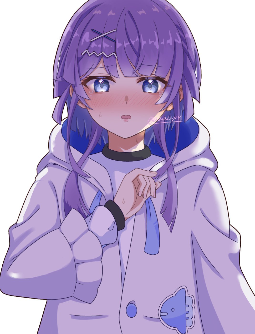 aziazi014, shine post, highres, 1girl, agarie nagi, blue eyes, blush, embarrassed, hair ornament, hairclip, hood, hooded jacket, jacket, looking at viewer, open mouth, purple hair, shirt, solo, sweatdrop, twitter username, upper body, white background, white shirt