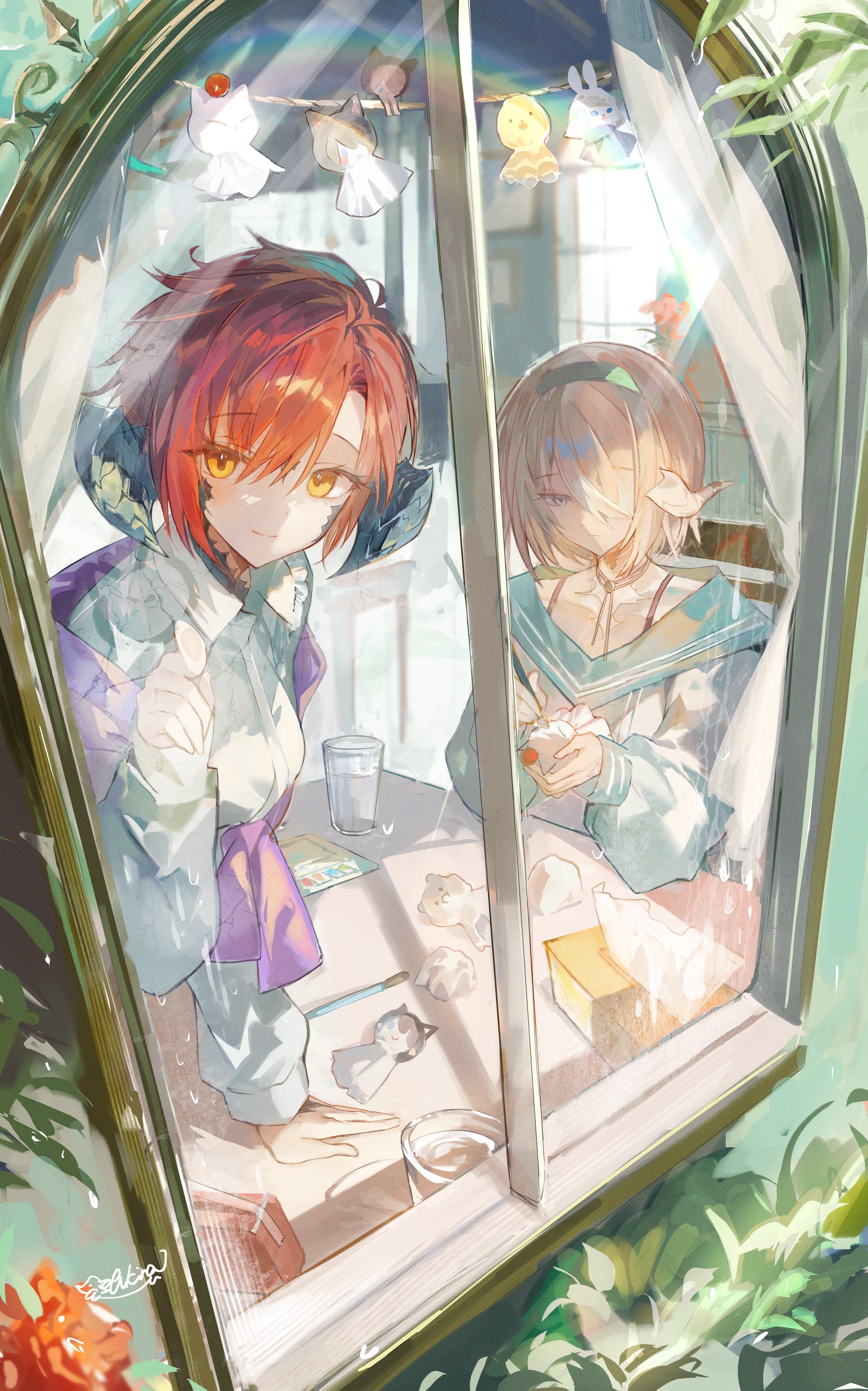 shikina (mochigushi ), great serpent of ronka, moogle, warrior of light (ff14), final fantasy, final fantasy xiv, absurdres, highres, 2girls, au ra, blonde hair, blue eyes, cup, dragon girl, dragon horns, drinking glass, hairband, horns, loporrit, multiple girls, red hair, sailor collar, scales, shirt, signature, table, teruterubouzu, water, white shirt, window, yellow eyes