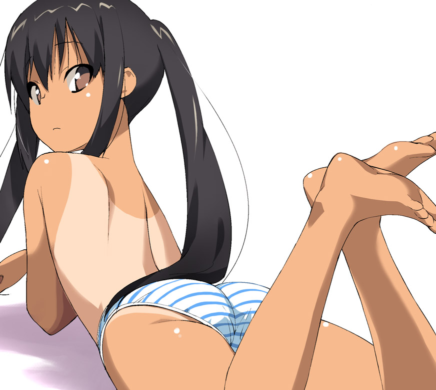 a1 (initial-g), nakano azusa, k-on!, 00s, 1girl, artistic error, ass, back, bad anatomy, barefoot, black hair, feet, female focus, looking back, one-piece tan, panties, solo, striped clothes, striped panties, tan, tanline, topless female, underwear, underwear only