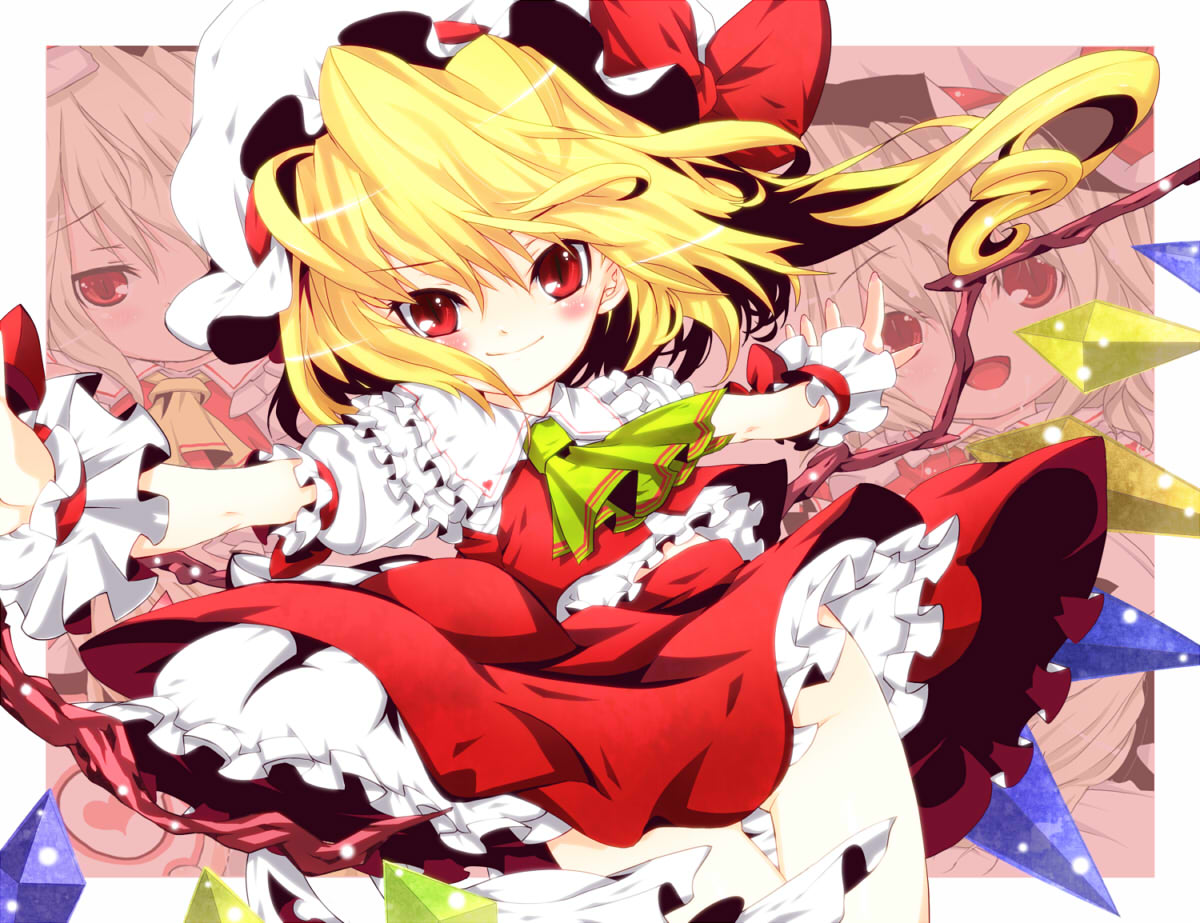 tm (gf-tm), flandre scarlet, embodiment of scarlet devil, touhou, jpeg artifacts, 1girl, blonde hair, female focus, frills, hat, no panties, outstretched arms, red eyes, short hair, smile, solo, spread arms, wings, wrist cuffs