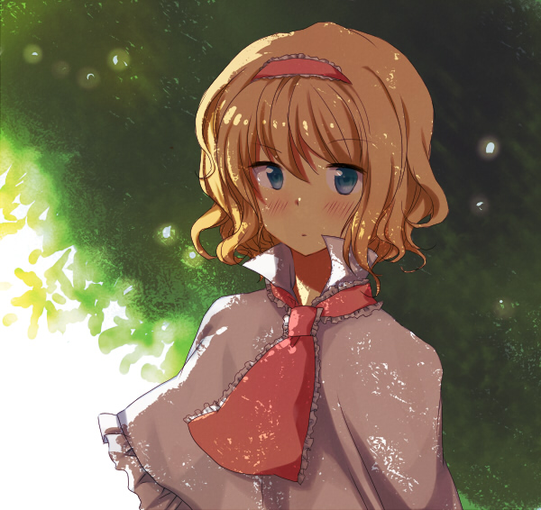 kutsushita, kutsushita (tokati r), alice margatroid, touhou, bad id, bad pixiv id, 1girl, blonde hair, blue eyes, blush, female focus, hairband, nature, outdoors, shade, short hair, solo