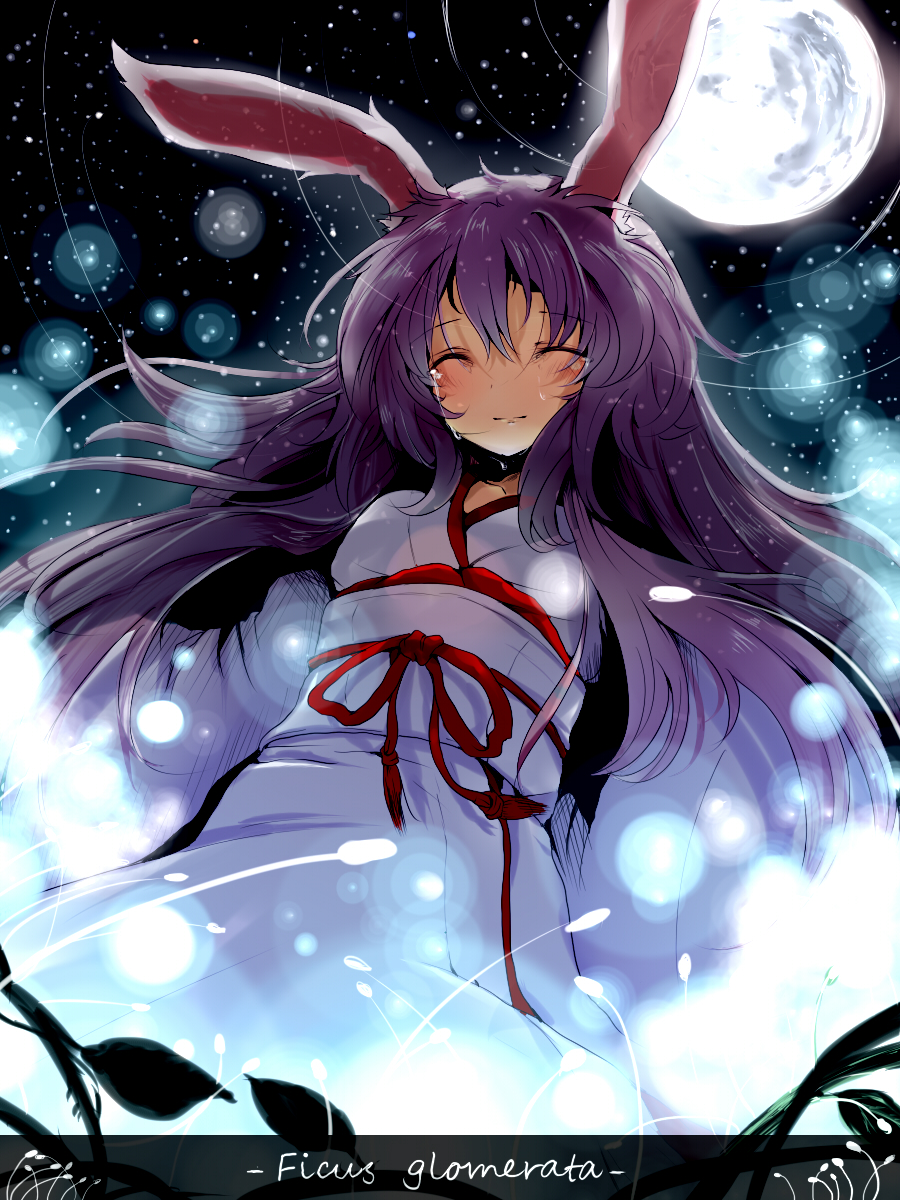 nejime, reisen udongein inaba, touhou, bad id, bad pixiv id, highres, 1girl, animal ears, blush, closed eyes, female focus, japanese clothes, kimono, long hair, moon, outdoors, purple hair, rabbit ears, sky, smile, solo, tears, yukata
