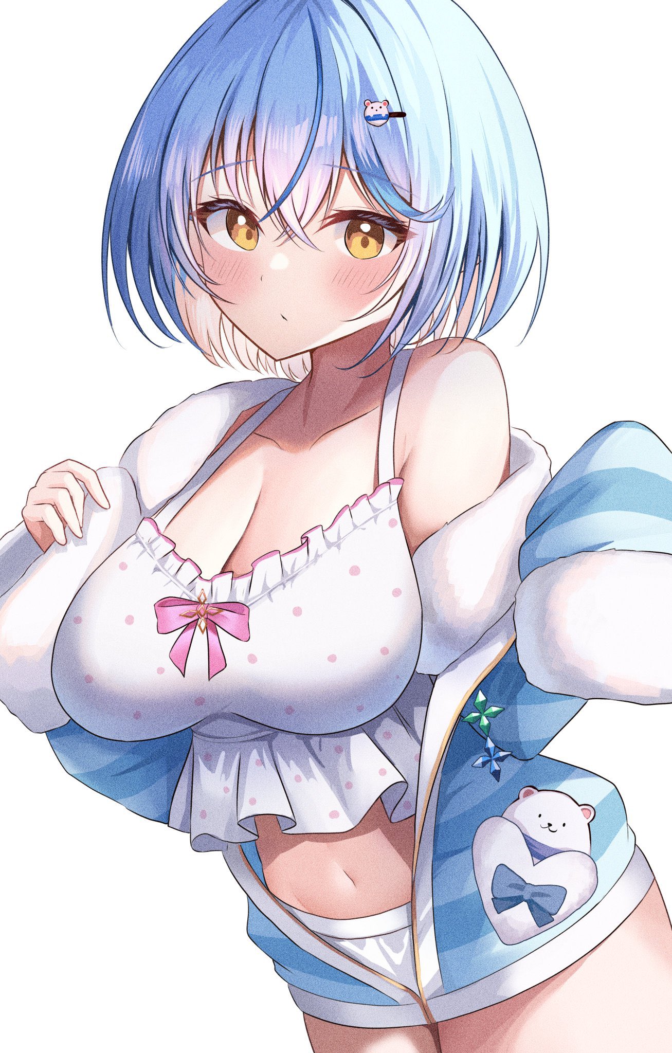 onabe no shime, daifuku (yukihana lamy), yukihana lamy, yukihana lamy (roomwear), hololive, commentary request, highres, 1girl, ahoge, aqua jacket, bare shoulders, blue hair, blush, bob cut, breasts, camisole, cleavage, closed mouth, collarbone, elf, fluffy clothes, fur-trimmed jacket, fur-trimmed sleeves, fur trim, good oshi day, hair between eyes, hair ornament, jacket, large breasts, long sleeves, looking at viewer, loungewear, midriff, navel, official alternate costume, official alternate hair length, official alternate hairstyle, partially unzipped, pointy ears, polka dot, polka dot camisole, short hair, skirt, sleepwear, solo, stomach, upper body, virtual youtuber, white camisole, white skirt, yellow eyes