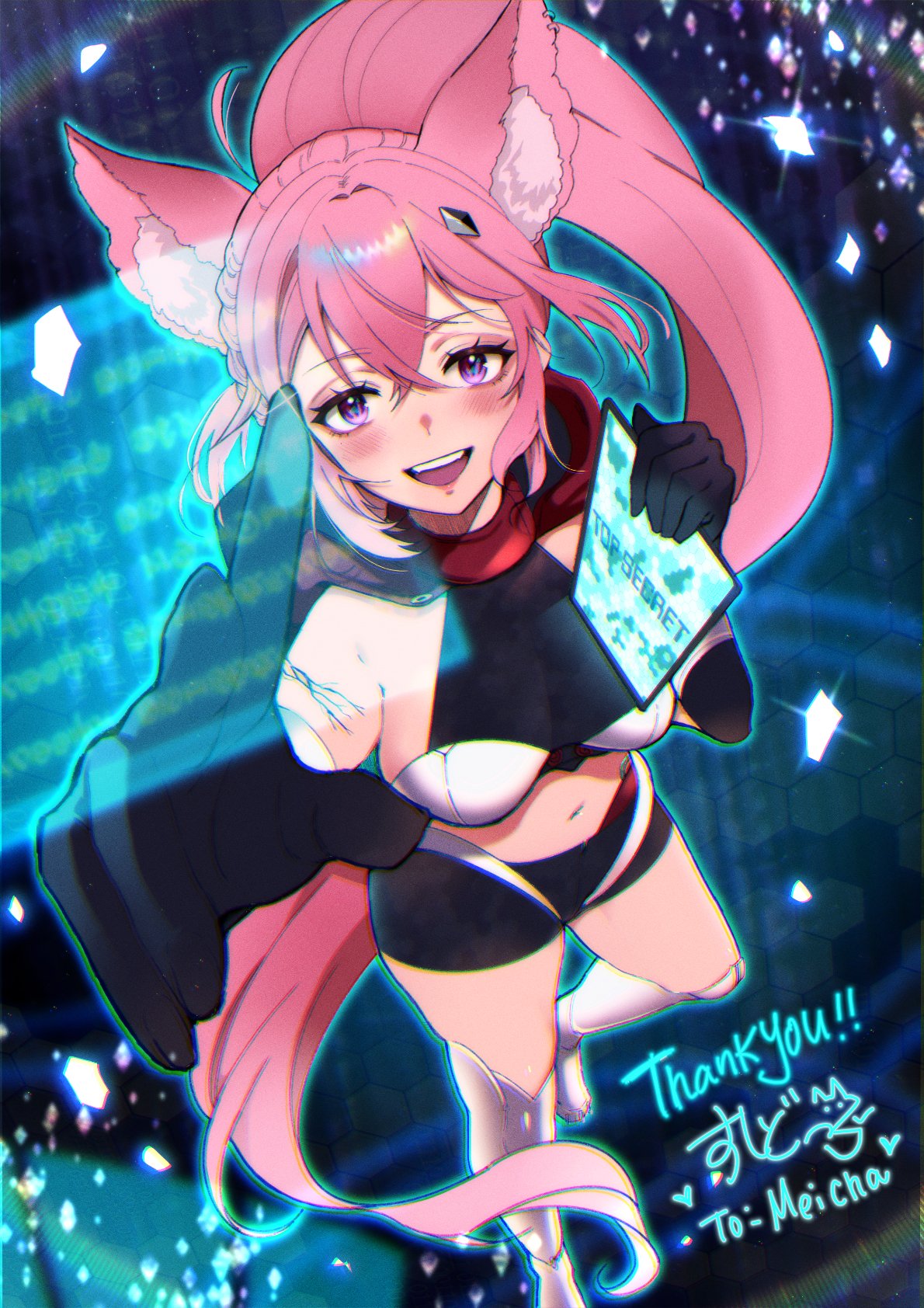 sushidog (ohsushichan), meicha (vtuber), indie virtual youtuber, highres, 1girl, animal ear fluff, animal ears, bare shoulders, black gloves, braid, breasts, english text, fox ears, fox girl, gem hair ornament, gloves, holographic interface, hood, long hair, mechanical legs, midriff, navel, open mouth, pink hair, pointing, ponytail, purple eyes, shorts, sideboob, smile, sparkle, tablet pc, thighs, virtual youtuber