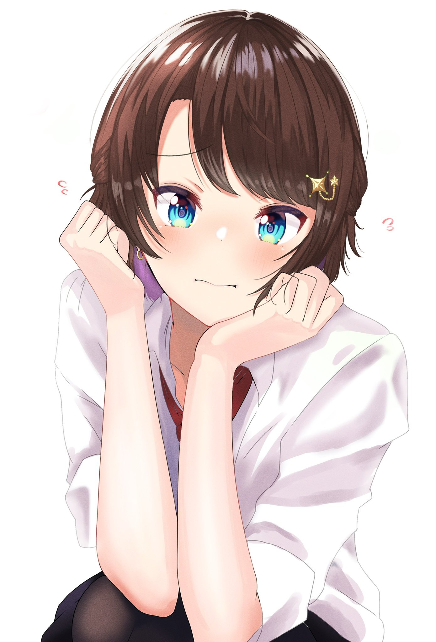 oozora subaru, hololive, highres, 1girl, black pantyhose, black skirt, blue eyes, blush, brown hair, clenched hands, closed mouth, collarbone, earrings, flying sweatdrops, gold earrings, hair ornament, half updo, hands up, jewelry, looking at viewer, necktie, nemonemo0806, pantyhose, red necktie, shirt, short hair, simple background, skirt, solo, squatting, swept bangs, three-quarter sleeves, virtual youtuber, white background, white shirt