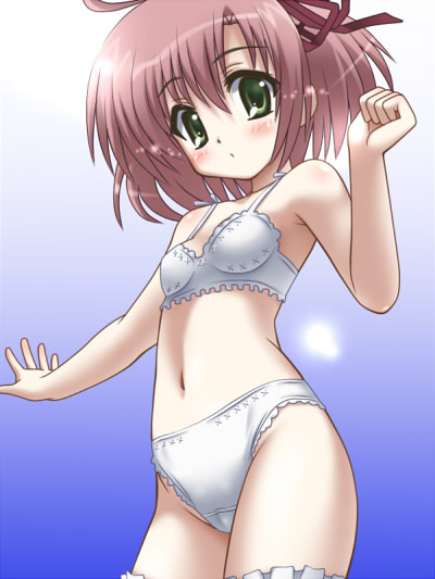 awa, sakurano kurimu, seitokai no ichizon, 00s, 1girl, blush, bra, breasts, collarbone, female focus, green eyes, light rays, lingerie, long hair, looking at viewer, navel, open mouth, panties, pink hair, sky, small breasts, solo, sun, sunbeam, sunlight, thighhighs, twintails, underwear, underwear only, white bra, white panties, white thighhighs
