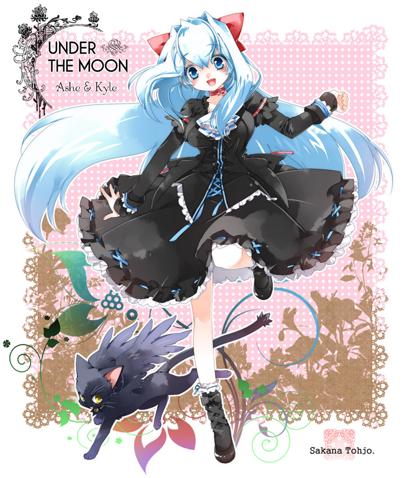 toujou sakana, ashe (under the moon), kyle (under the moon), under the moon, bad id, bad pixiv id, blue eyes, blue hair, breasts, cat, dress, long hair, open mouth, wings, yellow eyes